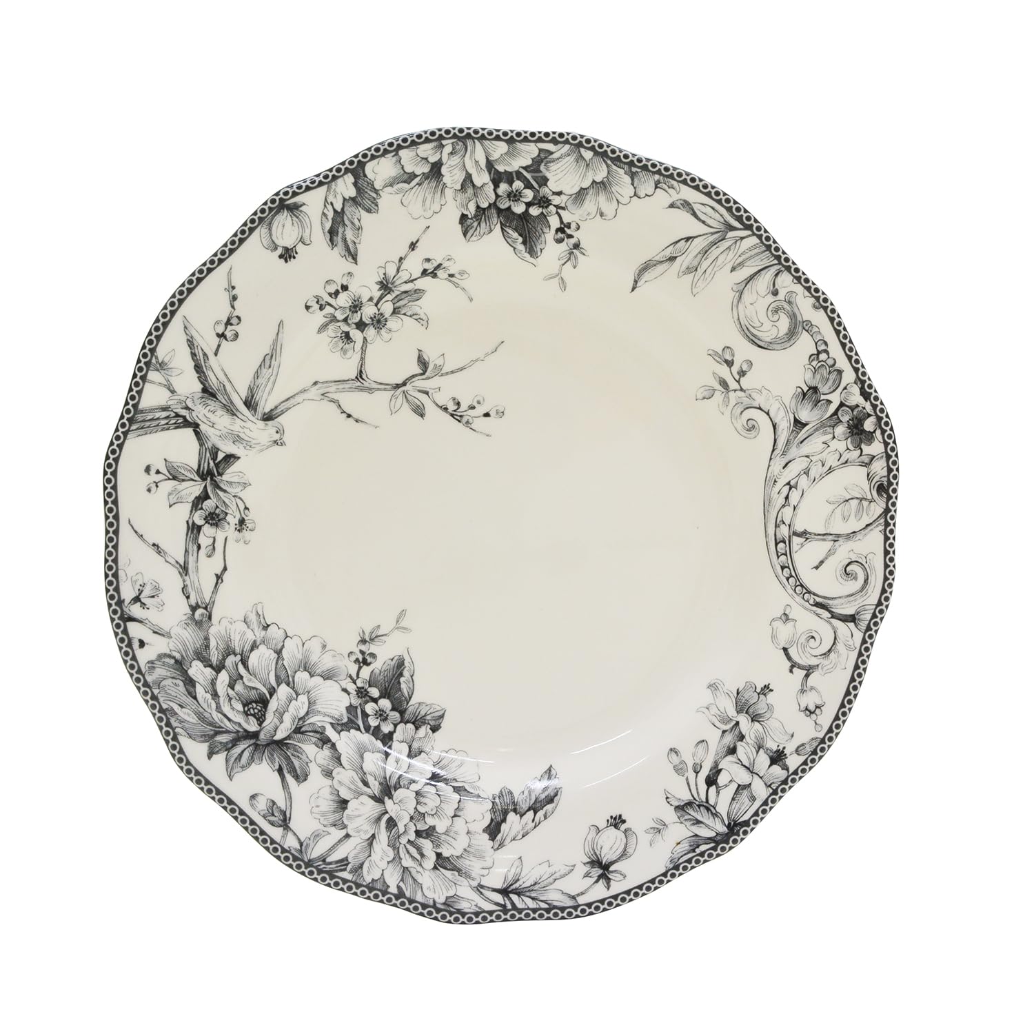 222 Fifth Adelaide 16-Piece Porcelain Dinnerware Set - Service for 4, Classic Grey Toile Bird & Floral Design, Microwave & Dishwasher Safe - Perfect for Everyday Dining, Family Gatherings & Dinner Parties