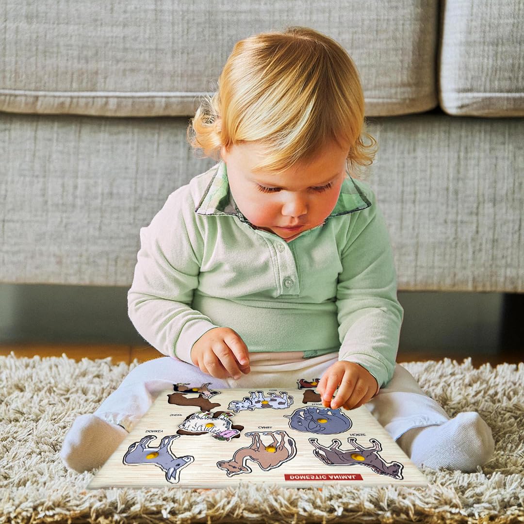 Little Genius Wooden Domestic Animals Puzzle Tray with Knobs - Montessori Learning Toy for Toddlers 1-3 Years | Farm Animal Matching Game for Preschool Education & Early Childhood Development | Perfect for Daycare, Homeschooling & Sensory Play