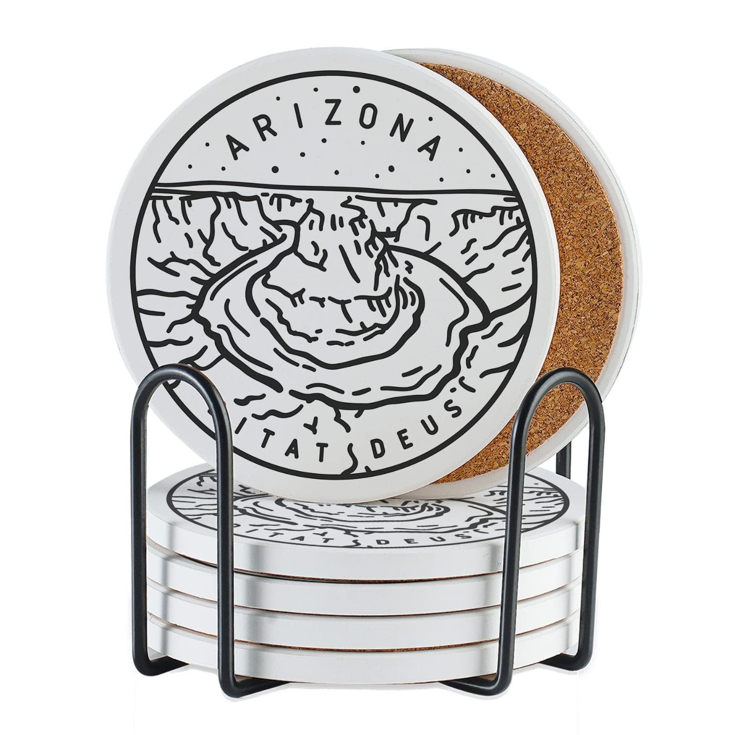 Onebttl Arizona Themed Ceramic Coasters Set of 6 - Absorbent with Cork Base - Perfect Travel Souvenir, Homesick Gift & Housewarming Present - Ideal for Home Decor, Women's Gifts & Moving Presents - Great for Coffee Tables, Office Desks & Entertaining Guests