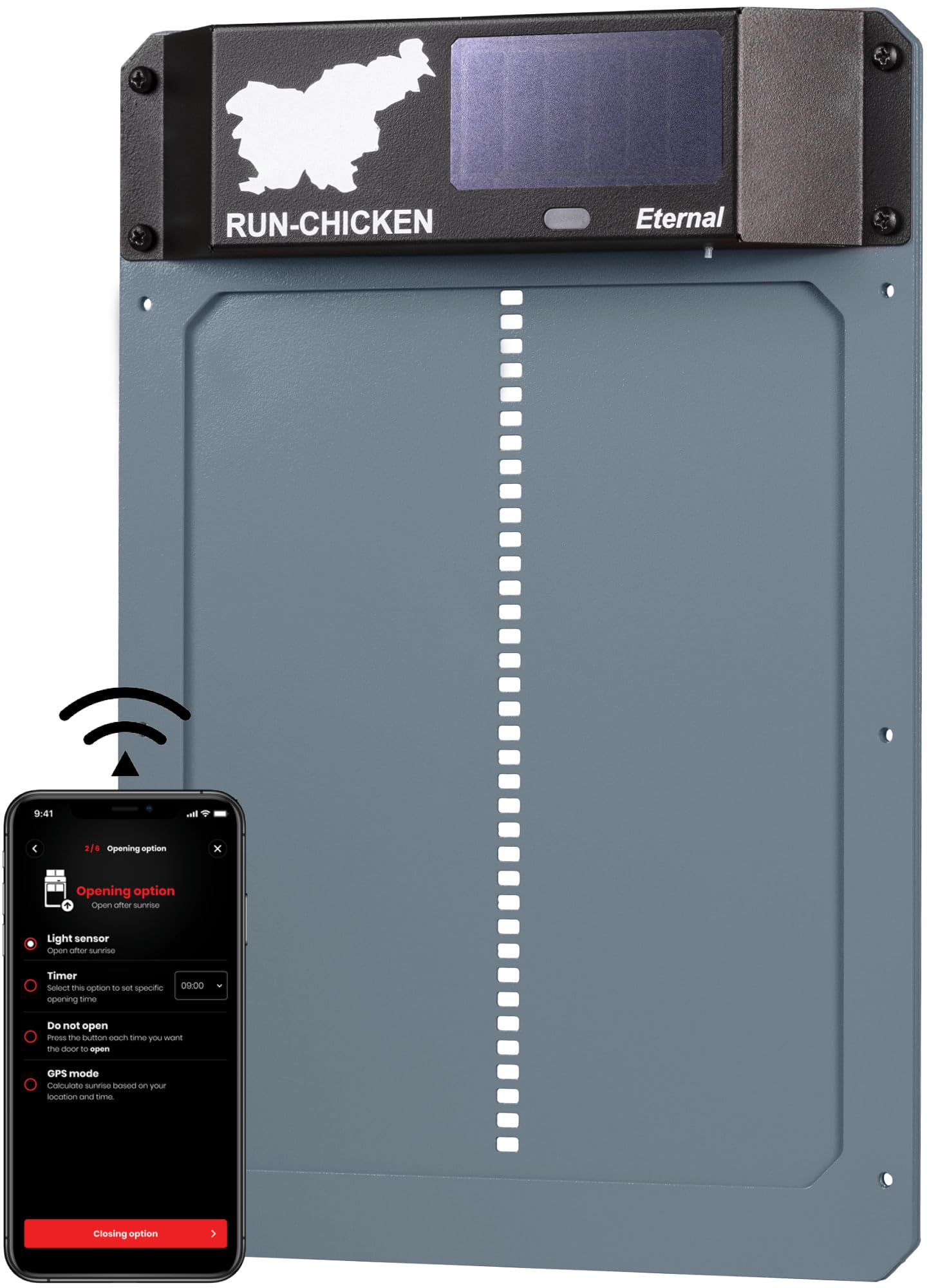Solar Powered Automatic Chicken Coop Door - Programmable Electric Poultry Door with Timer & Light Sensor | Battery Backup | Gray RUN-CHICKEN Door | Perfect for Backyard Chicken Coops, Poultry Farms & Free-Range Hen Houses