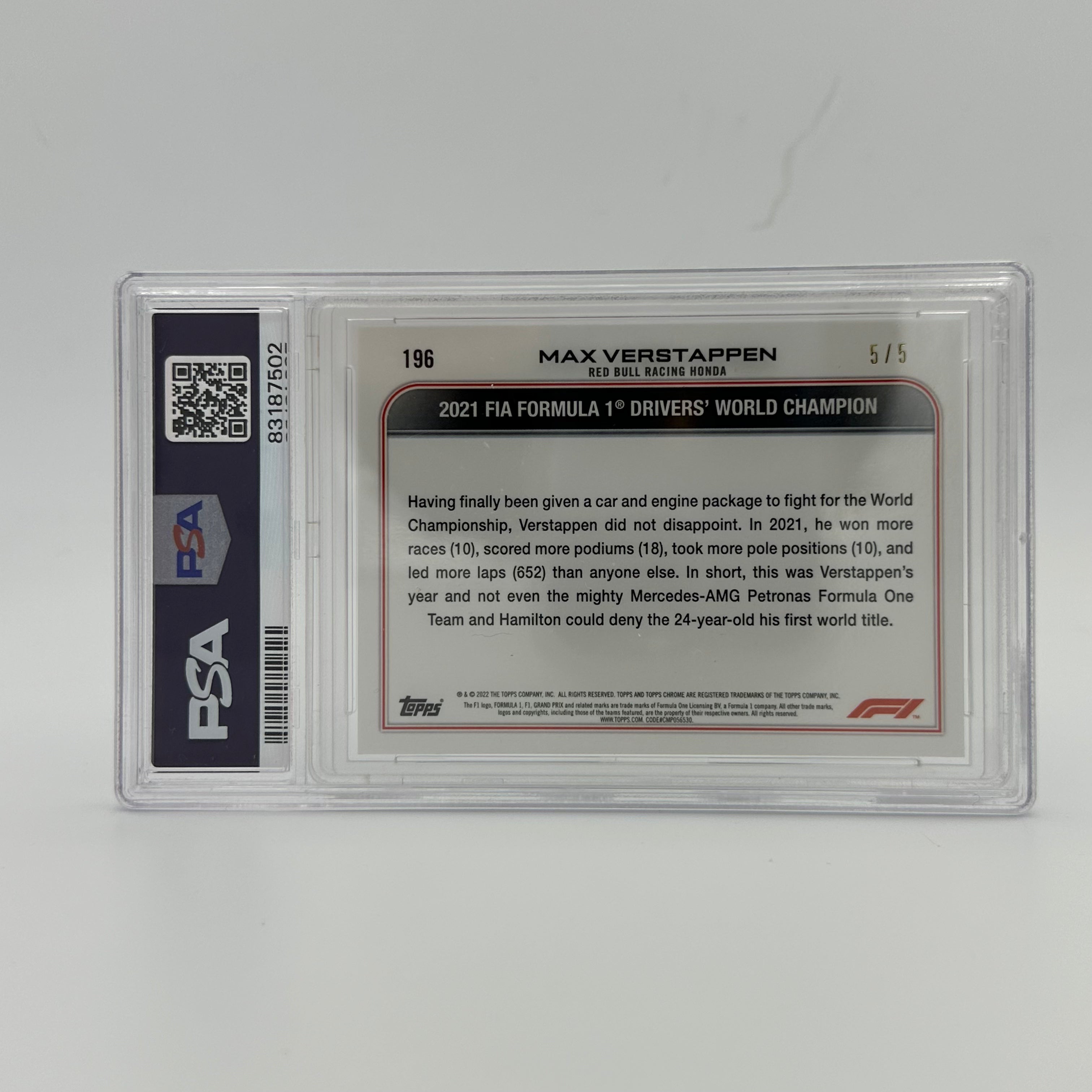 PSA 8 5/5 Red Max Verstappen #196 2022 Topps Chrome Sapphire F1 Racing Card - Perfect for Collectors, Investors, and Formula 1 Fans