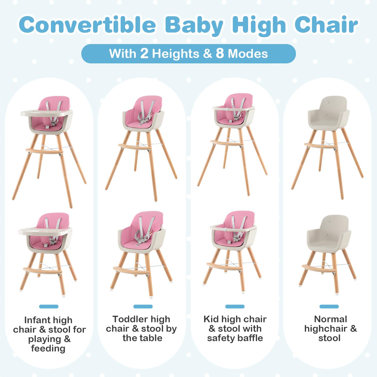 HONEY JOY 3-in-1 Wooden High Chair for Babies & Toddlers - Convertible Booster Seat with Removable Tray, 5-Point Safety Harness, PU Cushion & Adjustable Footrest - Perfect for Dining, Feeding & Learning (Pink)