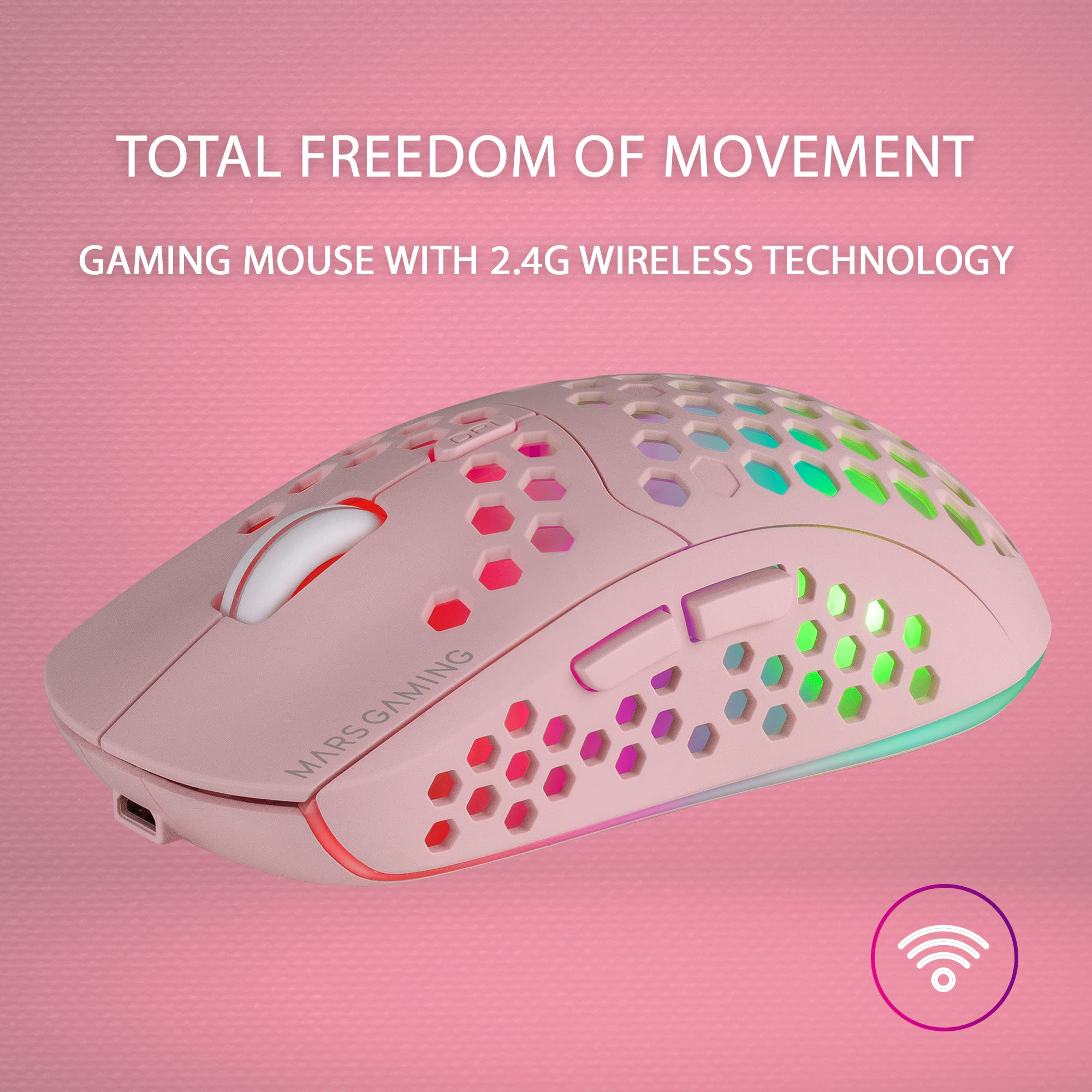Mars Gaming MMW3P Wireless Gaming Mouse - RGB Flow, Ultra Lightweight 79g, 3200DPI, Pink - Perfect for Esports, FPS & MMO Gaming