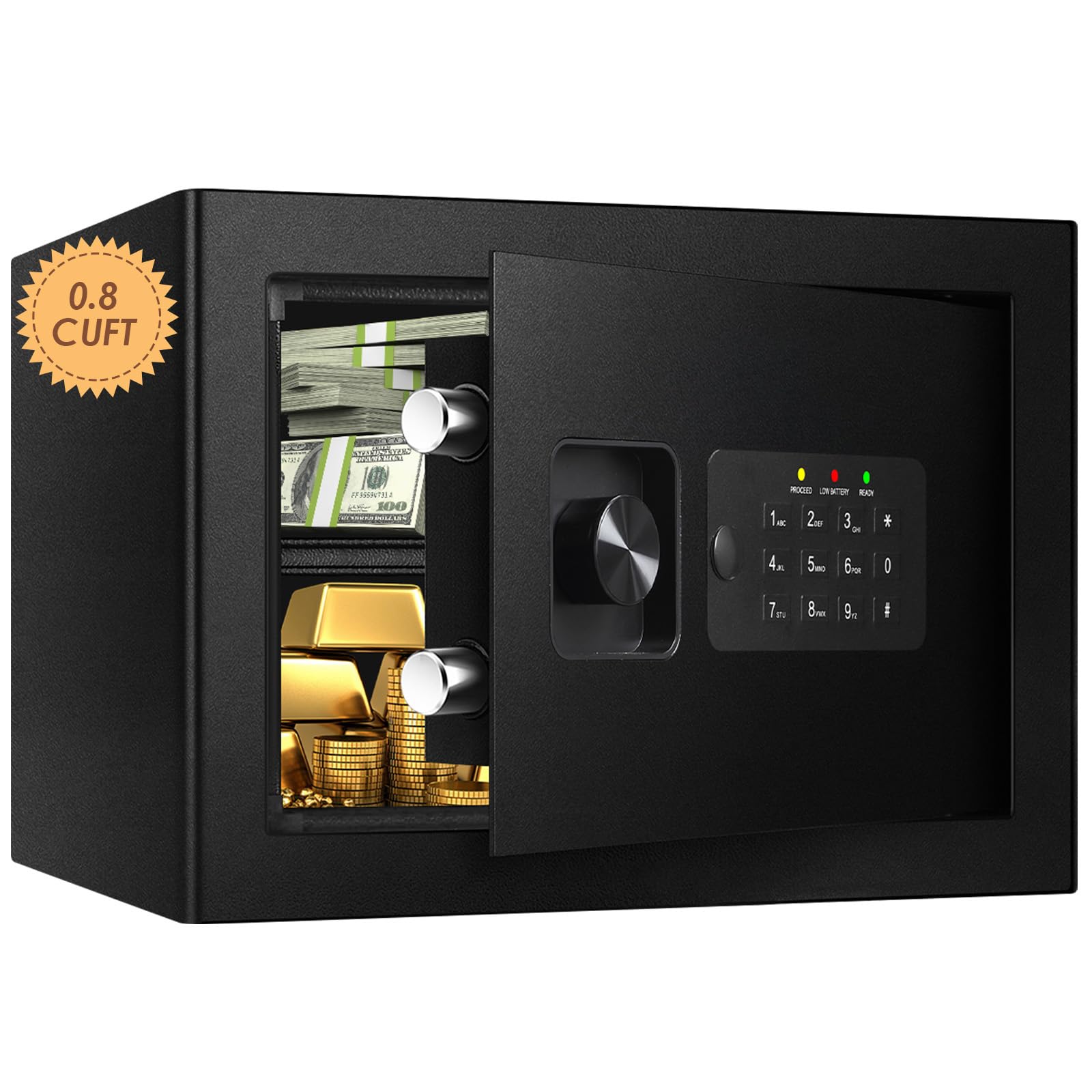 Tenamic Deluxe Electronic Digital Safe Box with Keypad - 0.8 Cuft Steel Alloy Security Safe for Home, Office & Hotel - 2 Password Protection - Compact Black Safe for Jewelry, Cash & Important Documents
