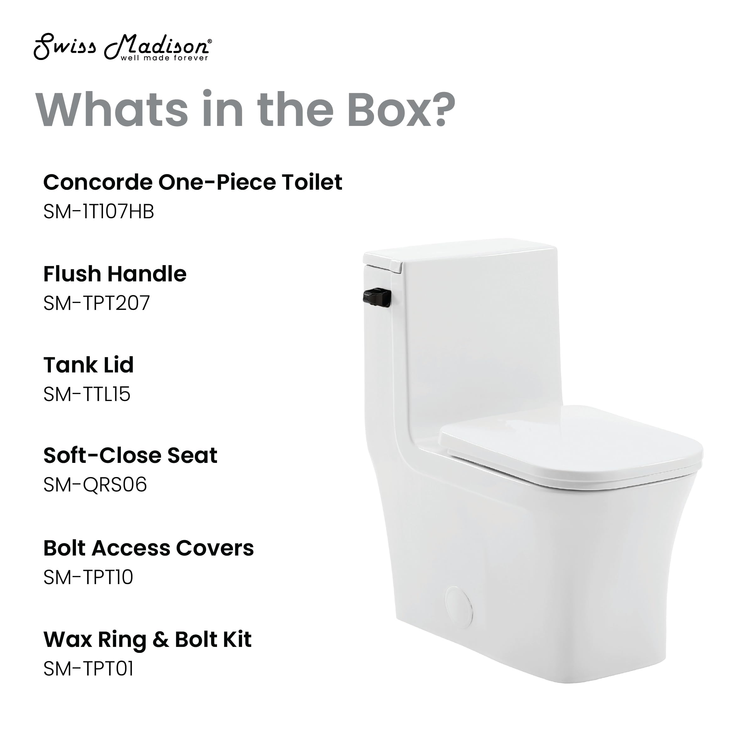 Concorde One-Piece Square Toilet with Side Flush, 1.28 GPF Water Saving Design, Modern Black Hardware - Perfect for Small Bathrooms, Apartments & Contemporary Homes