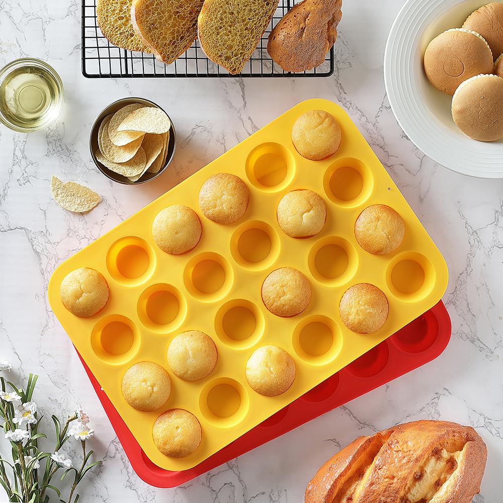 2PCS Non-Stick Silicone Mini Muffin Pan Set - 24-Cavity BPA Free Cupcake Baking Mold for Muffins, Cakes, Tarts & Bread | Dishwasher Safe (Red + Yellow) | Perfect for Home Baking, Party Treats & Holiday Desserts