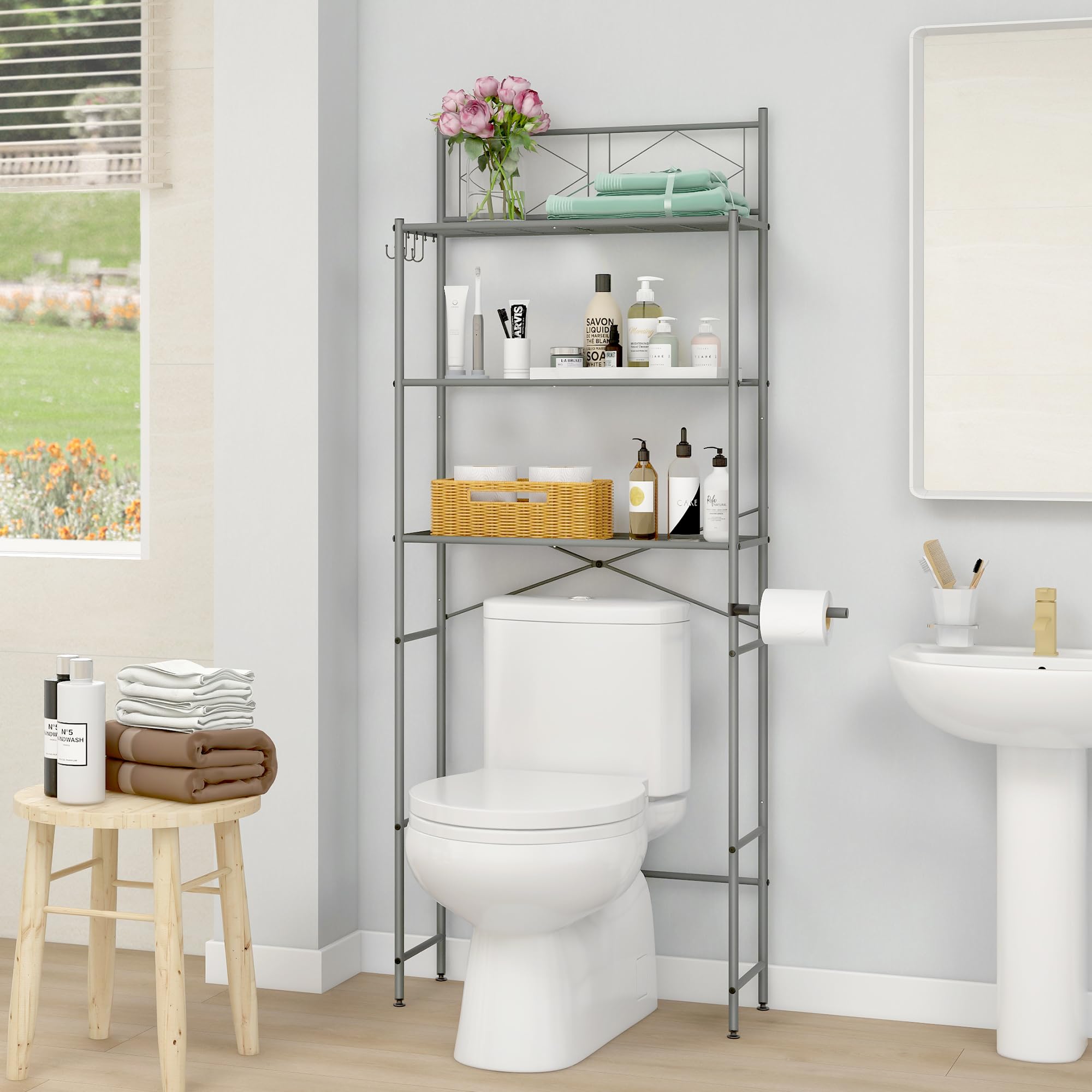 MallBoo 3-Tier Over The Toilet Storage Shelf - Freestanding Bathroom Organizer with X-Shaped Bar, Space Saving Shelf for Towels, Toiletries & Decor - Perfect for Small Bathrooms, Apartments & Dorm Rooms (Grey)