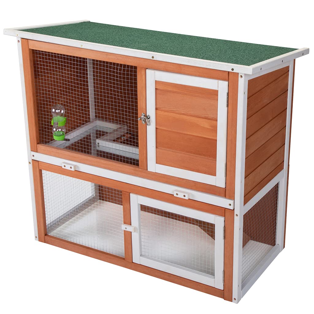 2-Story Wooden Rabbit Hutch for Indoor & Outdoor Use - Guinea Pig Cage with Ventilation Door, Removable Tray, Ramp & Waterproof Roof - Includes Water Bottles - Solid Wood Hamster/Bunny Hutch for Small Pets (Orange) - Perfect for Backyard, Patio or Pet Room Decor