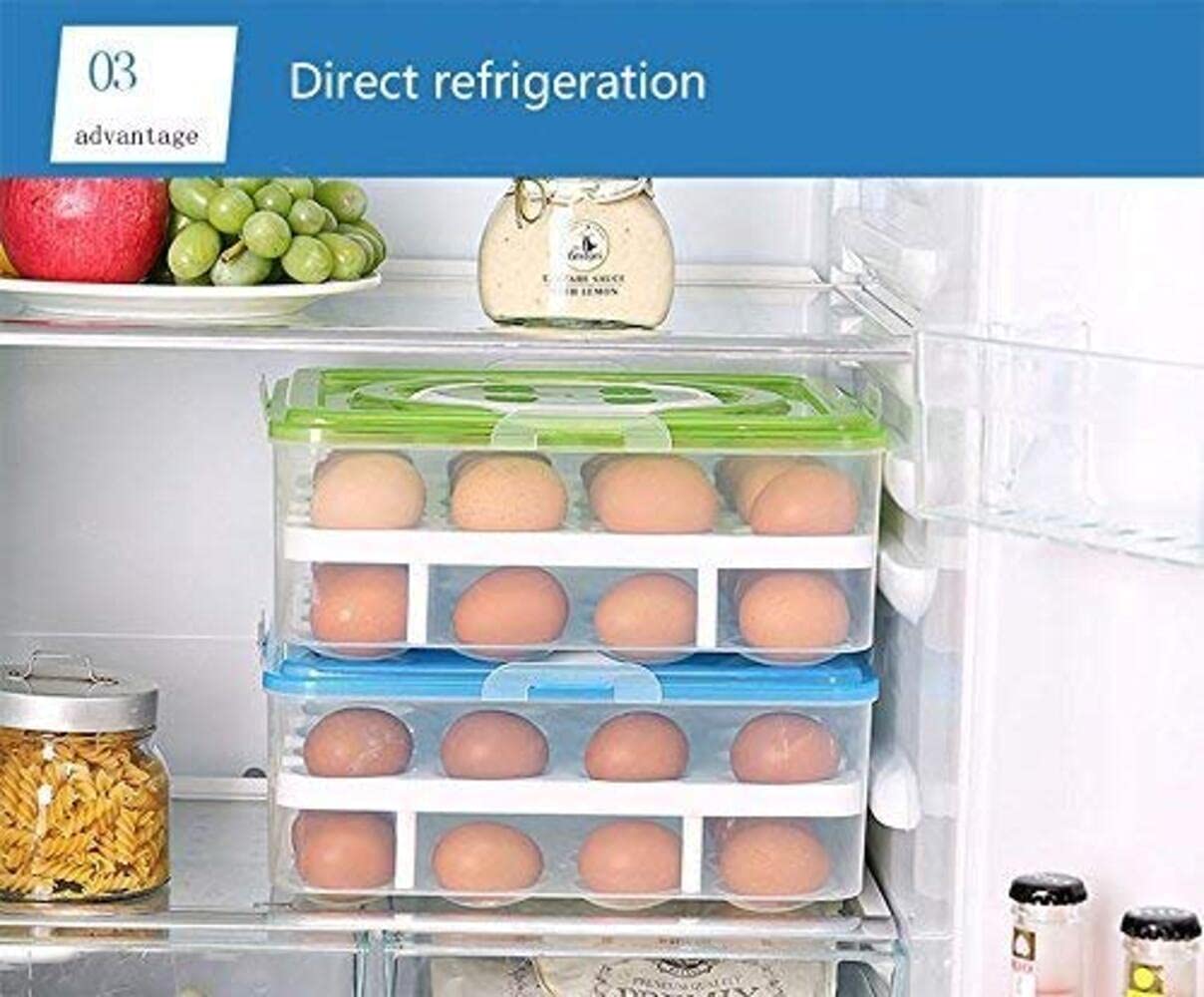 Wrixty Double Layer 32 Grid Egg Storage Container with Lid & Handle - Refrigerator Organizer for Eggs, Fruits & Vegetables - Durable Kitchen Food Storage Box (Blue) - Perfect for Farm Fresh Eggs, Grocery Organization & Compact Fridge Space Saving