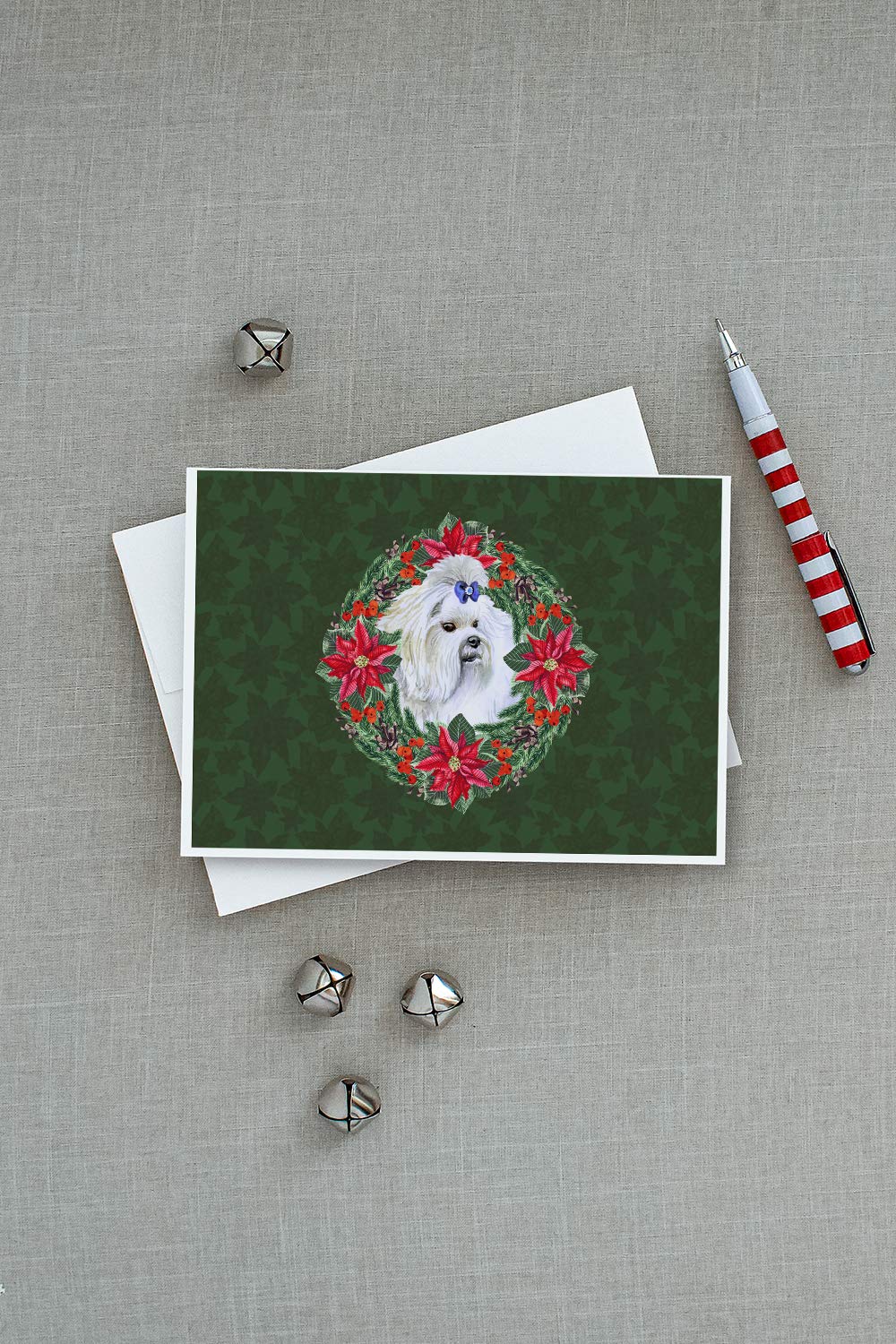 Premium Blank Greeting Cards Set - Maltese Poinsettia Wreath Design | 8 Pack A7 Size (5x7) Note Cards with Envelopes | Perfect for Christmas, Holiday Wishes, Thank You Notes & Special Occasions