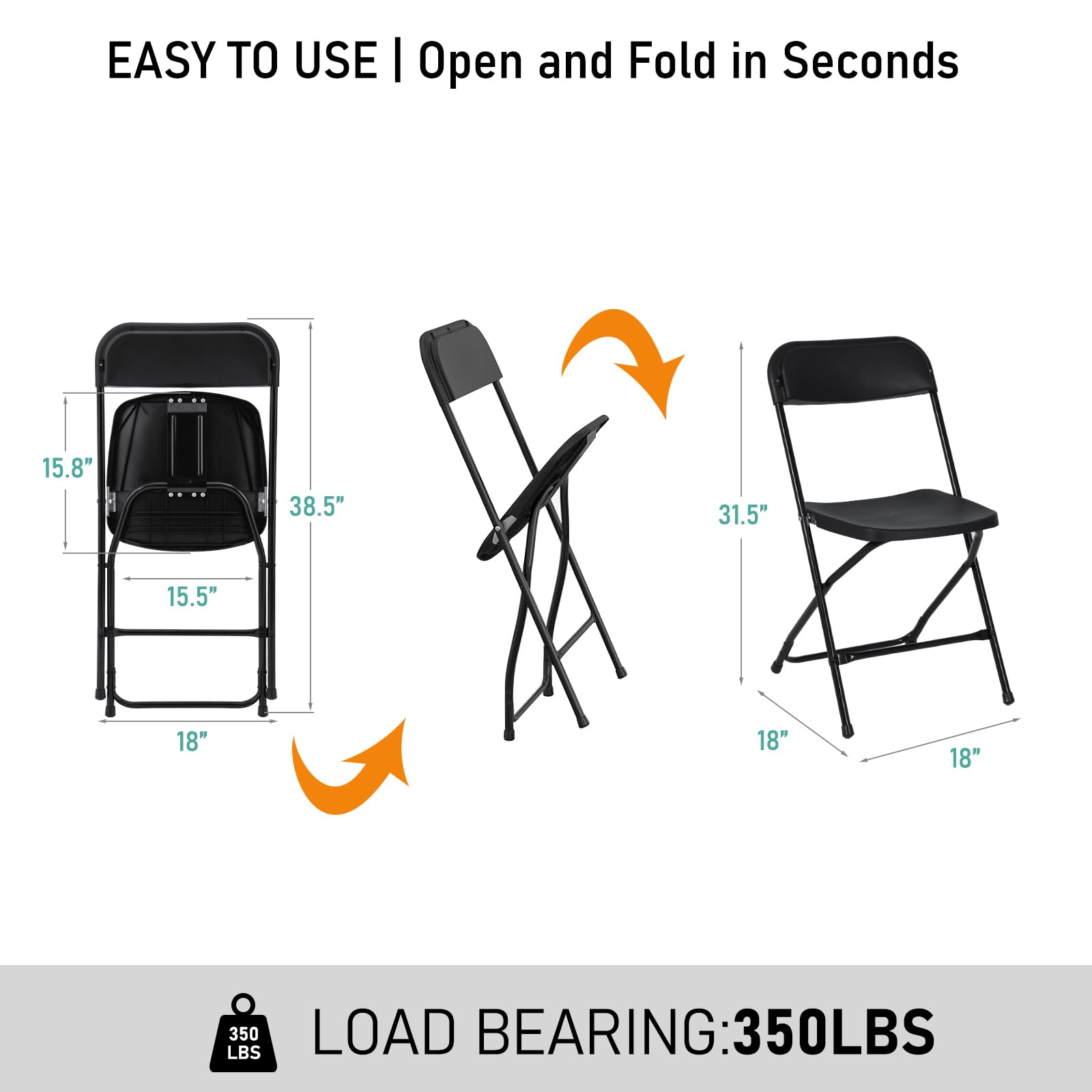 10 Pack Black Plastic Folding Chairs - Heavy Duty 350lb Capacity, Steel Frame Indoor Outdoor Commercial Use for Office, Wedding, Party, Events - Perfect for Banquets, Picnics, and Backyard Gatherings
