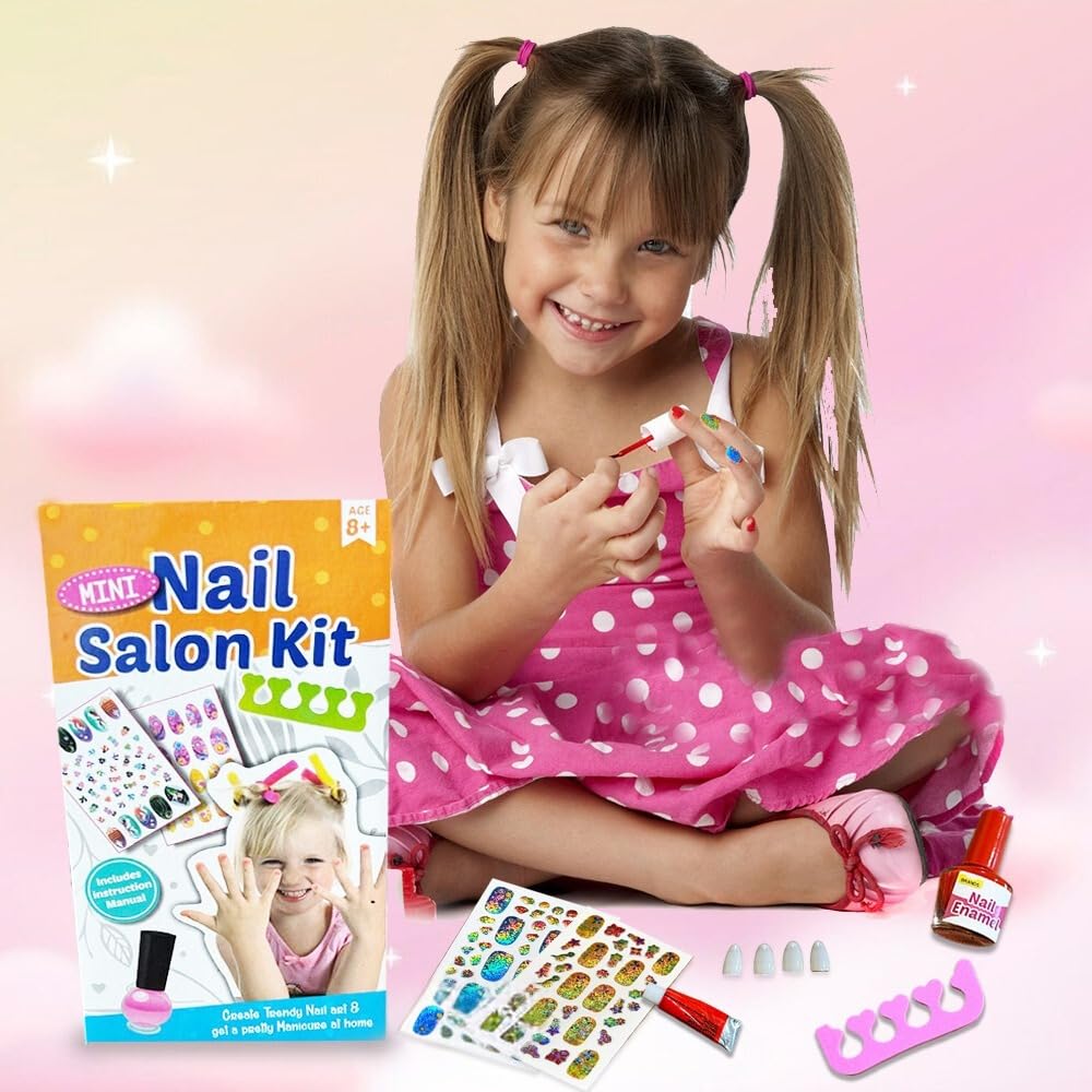 ToyMagic Mini Nail Art Salon Kit - 12 Colors Nail Polish, 2 Nail Sticker Sheets, 4 Cotton Swabs, Nail Separator, Fake Nails & Glue | Complete DIY Manicure Set for Kids & Teens | Perfect Birthday Gift for Girls Age 8-12 | Home Spa & Party Activity Kit | Made in India