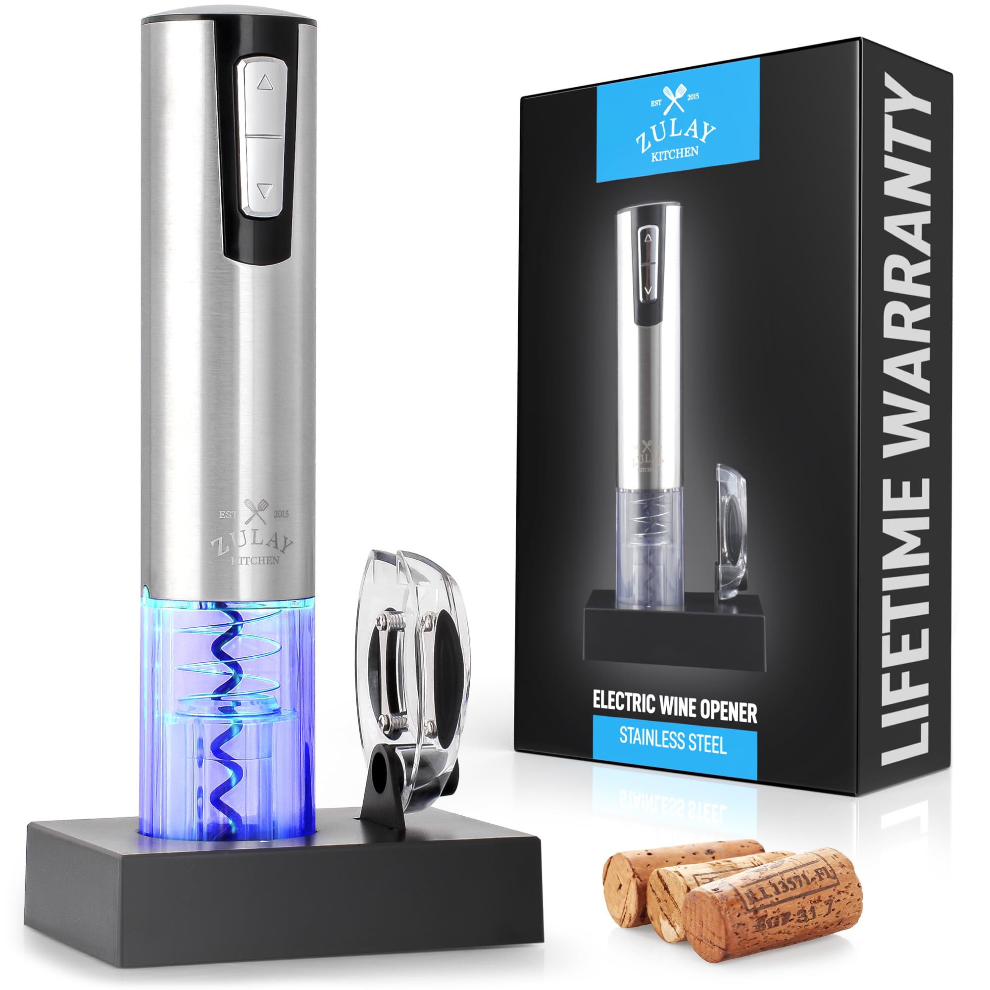 Zulay Kitchen 3-in-1 Electric Wine Opener with Charging Base - Automatic Wine Bottle Opener & Built-in Foil Cutter - Rechargeable Corkscrew for Smooth Uncorking - Perfect for Dinner Parties, Weddings & Home Bars