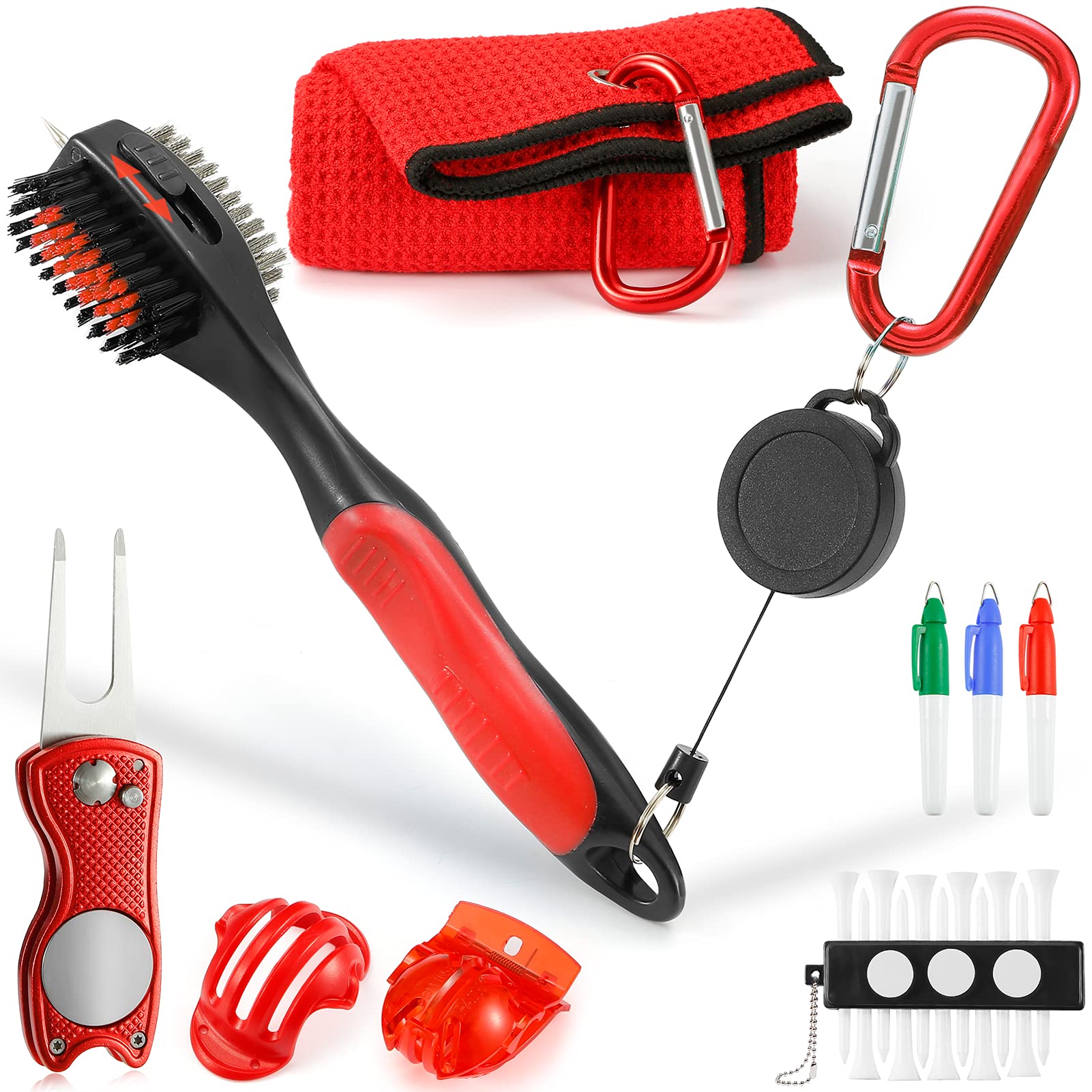 Premium Golf Accessories Set - PRO Retractable Golf Club Cleaner, Microfiber Waffle Towel, Divot Repair Tool & Ball Marker - Complete Golf Club Cleaning Kit for Men | Perfect for Course Maintenance & Equipment Care