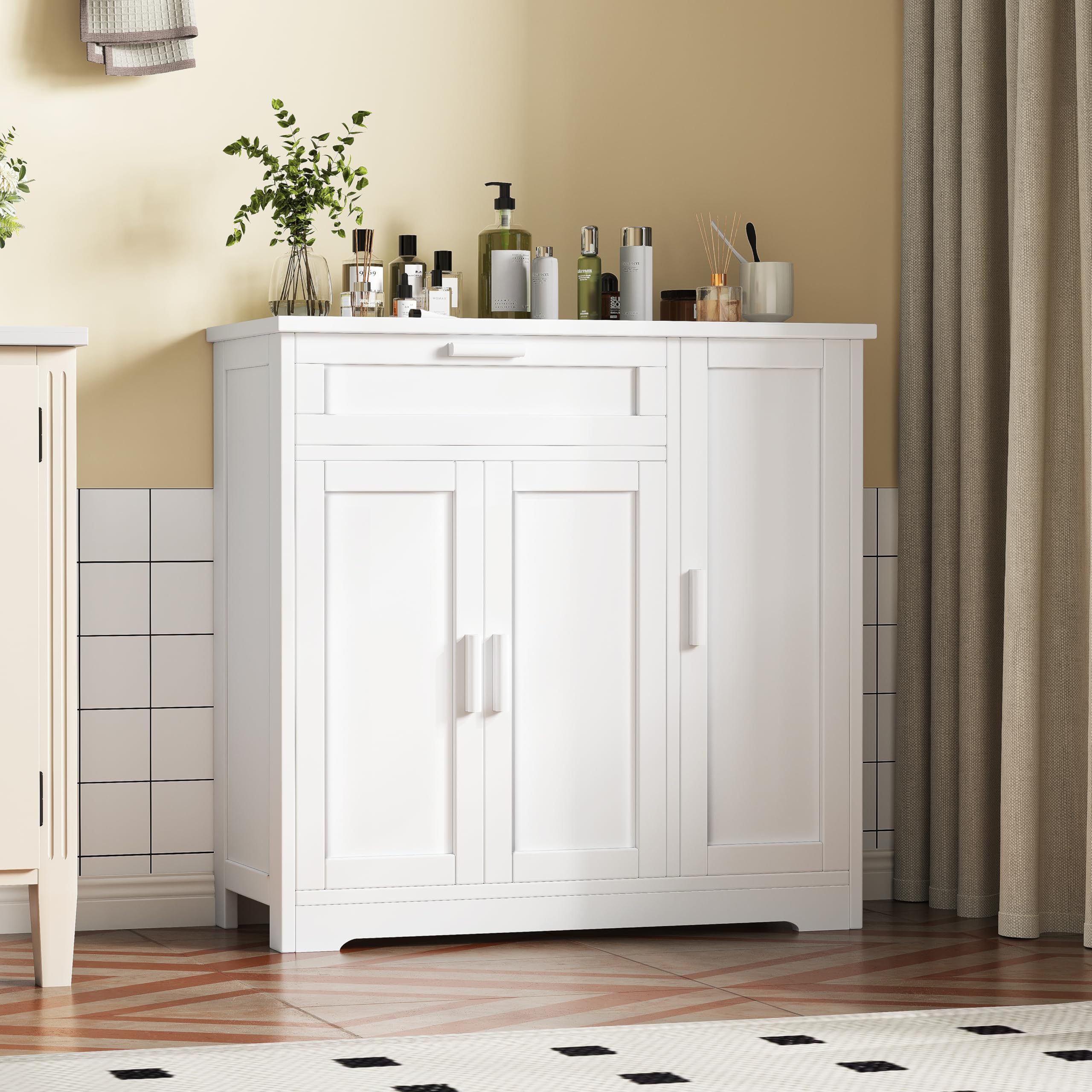 Modern Sideboard Buffet Cabinet with 3 Doors & Drawers - White Storage Cabinet with Adjustable Shelves for Kitchen, Living Room, Hallway - Perfect for Dining Room Storage, Entryway Organization & Home Decor (KES001WCWG)