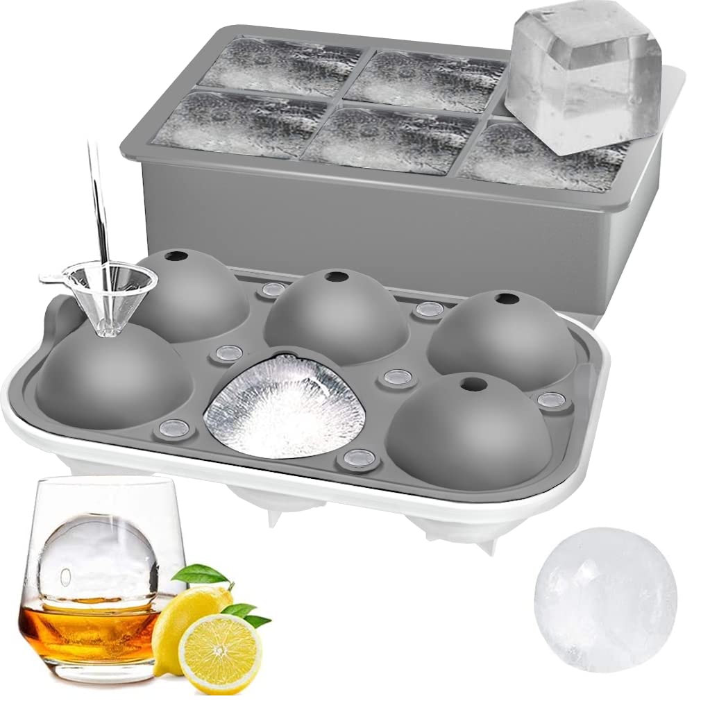 ROTTAY Ice Cube Trays Set of 2 - Sphere Ice Ball Maker & Large Square Ice Mold with Lid for Whiskey, Cocktails, Homemade Drinks | Keep Beverages Chilled | Perfect for Bourbon, Scotch, Iced Coffee & Party Drinks (Grey)