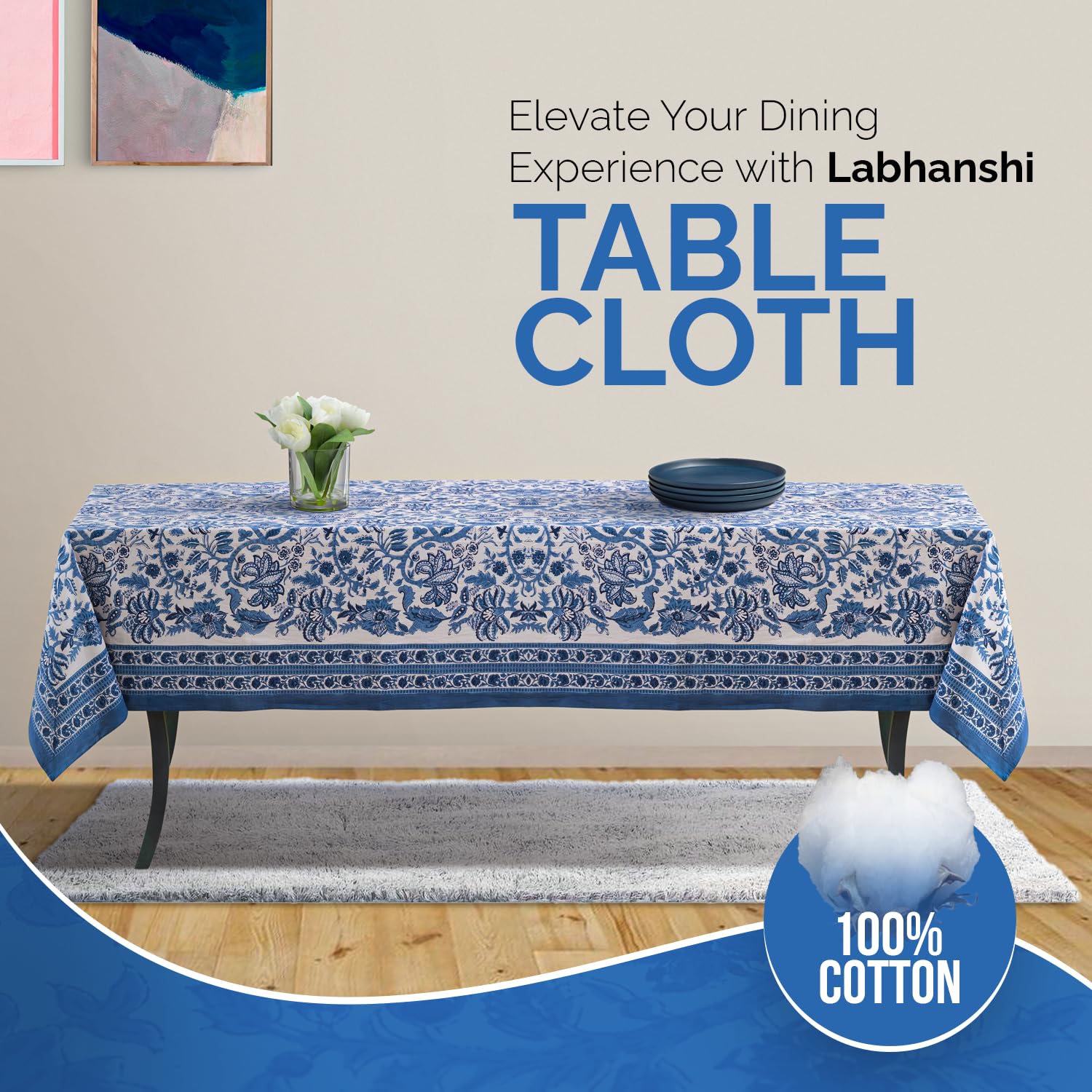 Handblock Printed Indian Cotton Tablecloth 72x135 Inch – Floral Country Style Rectangular Dining Table Cover for 10-Seater | Blue Spring Easter Bridal Party Baby Shower Decoration | Perfect for Weddings, Holiday Dinners & Special Occasions