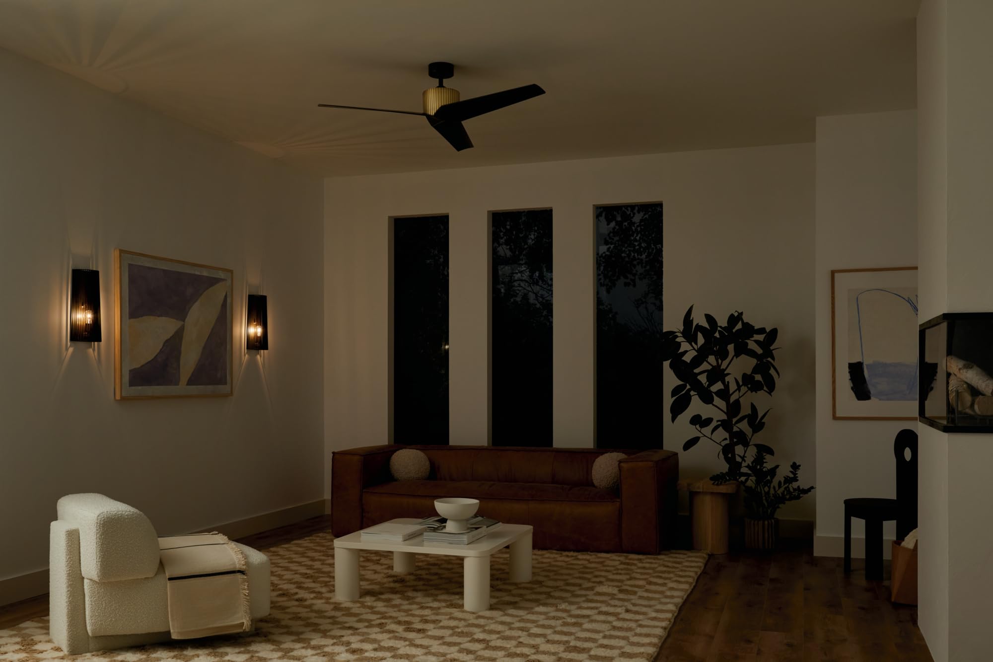 Kichler Almere 56 Inch 3 Blade Indoor Ceiling Fan in Natural Brass with Satin Black Blades - Energy Efficient Quiet DC Motor - Perfect for Living Room, Dining Room, Kitchen & Bedroom Cooling (56