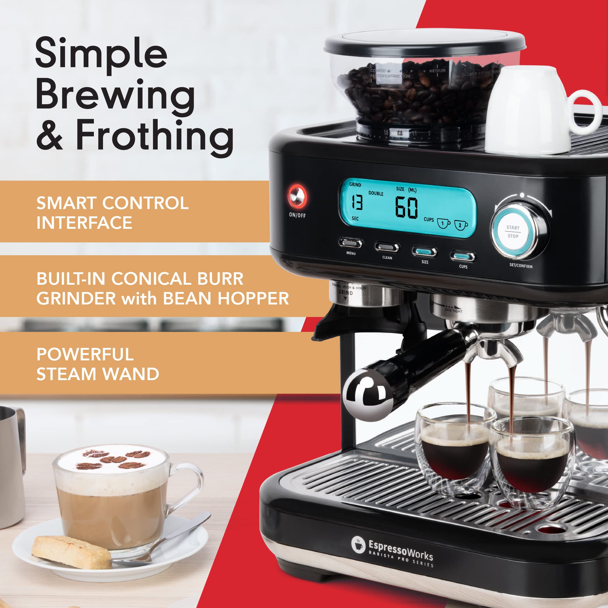 EspressoWorks Barista Pro Series 15-Bar Espresso Machine with Built-in Grinder & Milk Steamer - LCD Display, 30-Piece Coffee Bundle - Fast 60-Second Heat Up for Latte & Cappuccino - Perfect for Home Baristas & Coffee Lovers (Black) | Ideal for Kitchen Countertops, Office Break Rooms & Coffee Shops