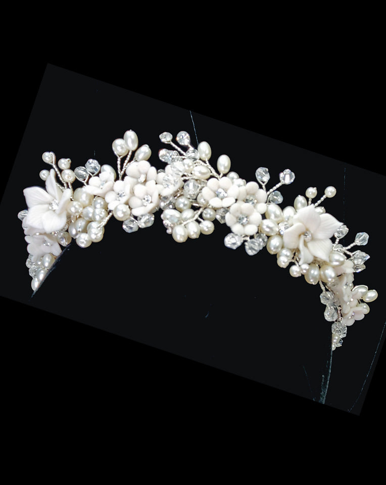 Elegant Porcelain Floral Pearl Headband for Weddings & Bridal | Nadia by Johnny B Collection at Kezani | Perfect for Bridal Showers, Ceremonies & Special Occasions