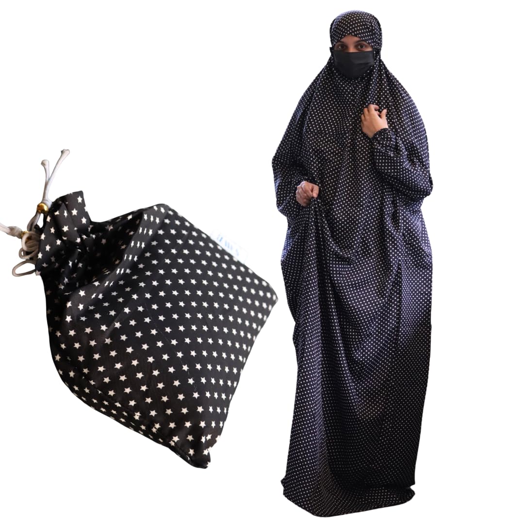 Premium Islamic Prayer Dress for Women - Free Size Muslim Jilbab with Hijab, Namaz Khimar & Niqab - Black with White Stars - Perfect for Salah, Eid, Mosque & Home Worship
