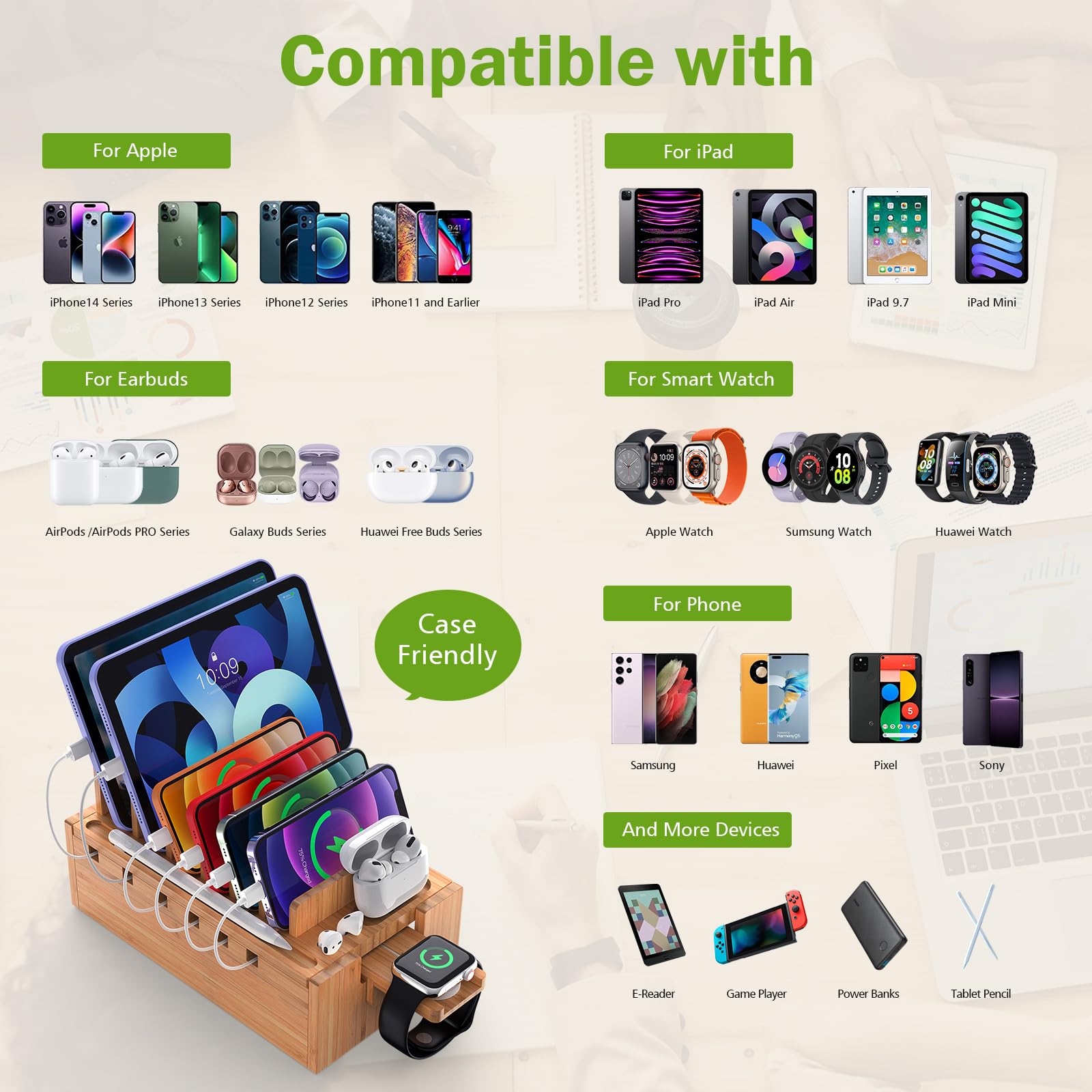 Bamboo Charging Station with 5 USB Ports & Cables - Phone, Tablet, Watch Organizer for Office & Home