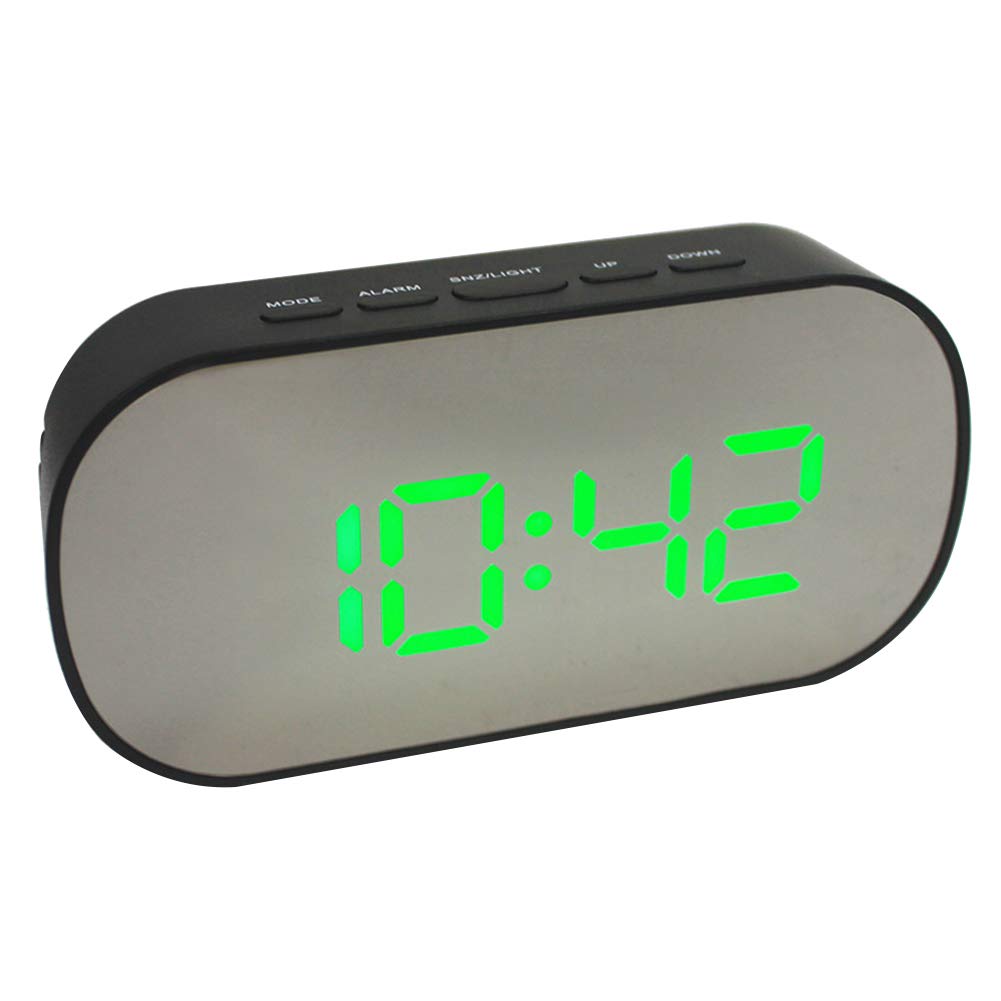 Newrys Digital Alarm Clock with Snooze & Projection - Portable Round Oval Desk Bedside Clock with Night Light & Makeup Mirror (Black + Green Light) - Perfect for Bedrooms, Travel, and Home Decor