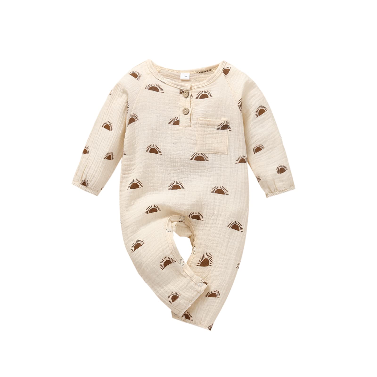 Newborn Baby Girl & Boy Sun Print Romper - Long Sleeve Cotton Linen Jumpsuit | Soft One-Piece Outfit for Infants 0-12 Months | Perfect for Playtime, Photo Shoots & Daily Wear