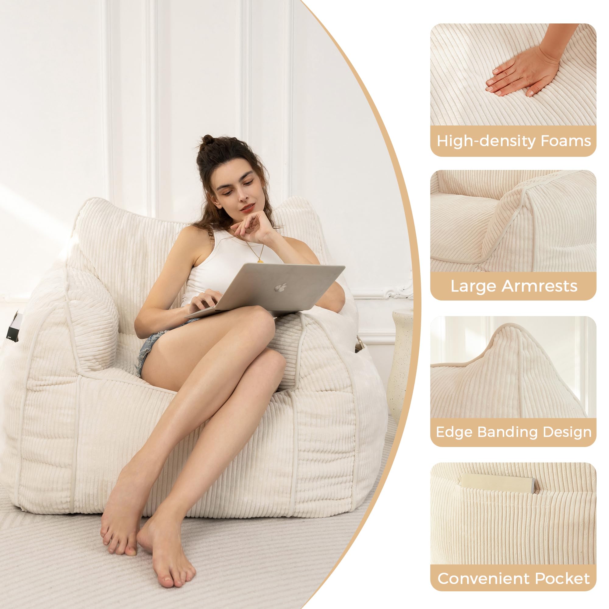 MAXYOYO High-Density Foam Bean Bag Chair Sofa - Soft & Comfortable Beige Lounge Chair for Living Room, Bedroom, Dorm, or Game Room - Perfect for Relaxing, Reading & Gaming
