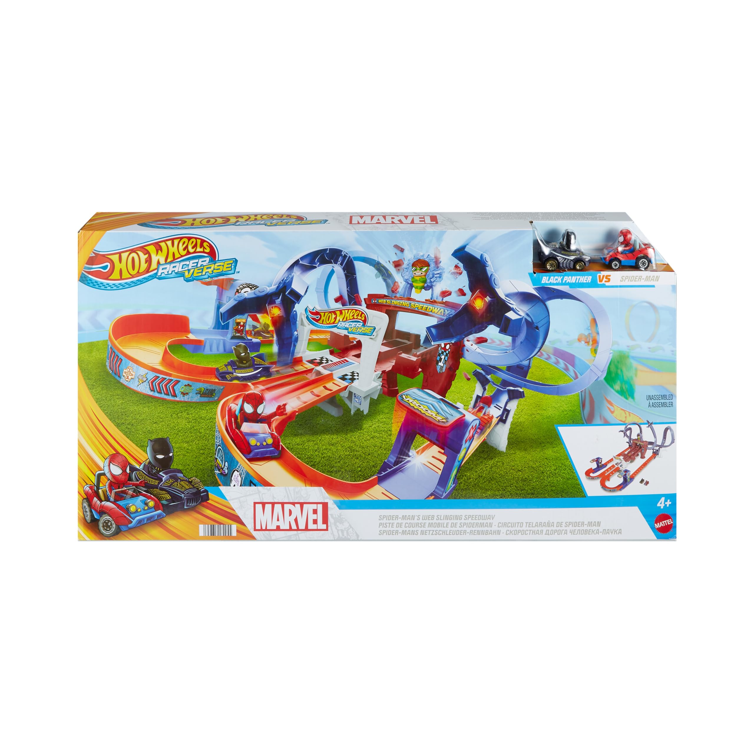 Hot Wheels Spider-Man RacerVerse Web Track Toy Car Set with 2 Action Figures, for Kids Ages 4+ | Mattel HPL34 | Superhero Race Playset for Indoor & Outdoor Play
