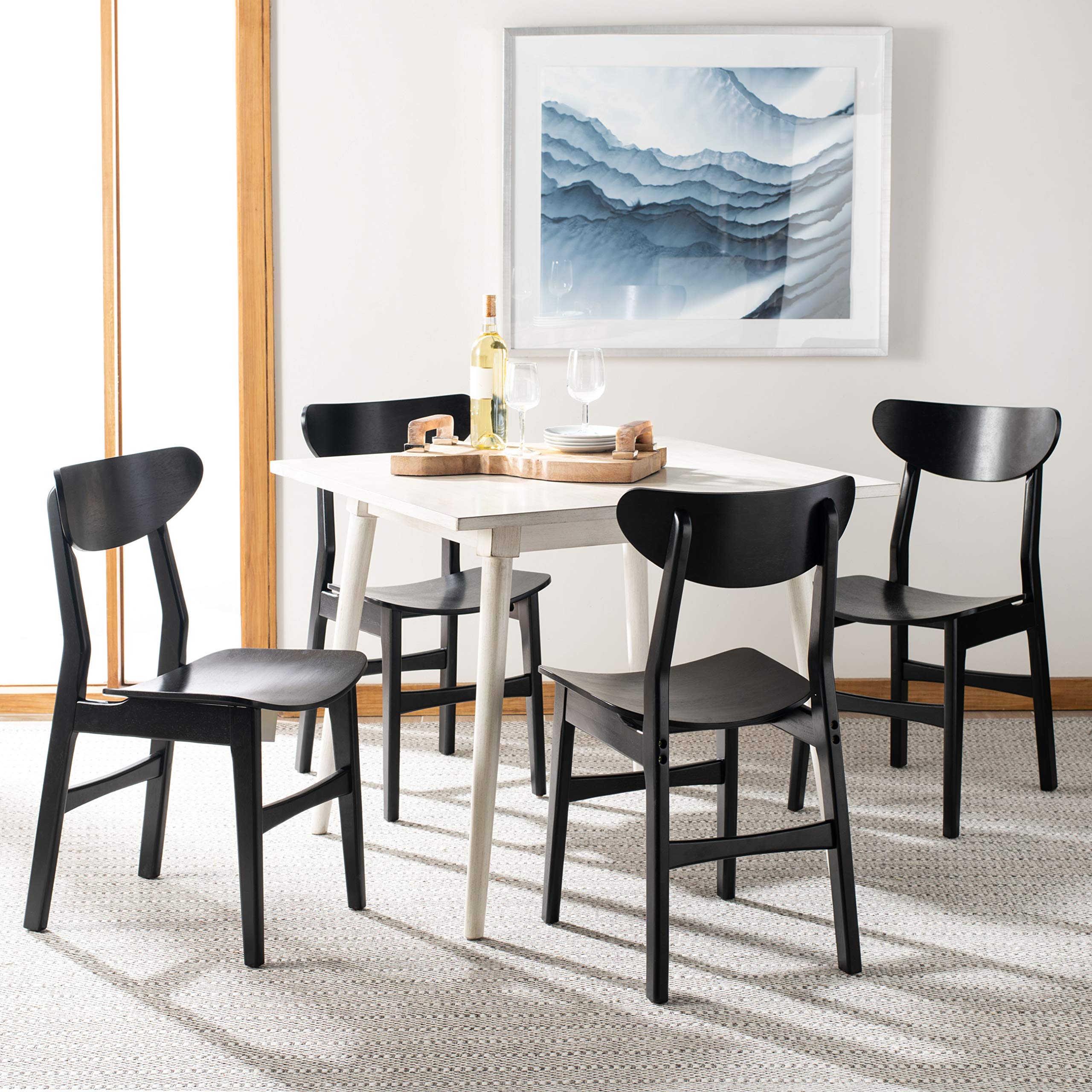 Safavieh Lucca Retro Black Wood Dining Chairs - Set of 2 for Kitchen, Dining Room & Breakfast Nook - Mid Century Modern Style Wooden Chairs with Upholstered Seat