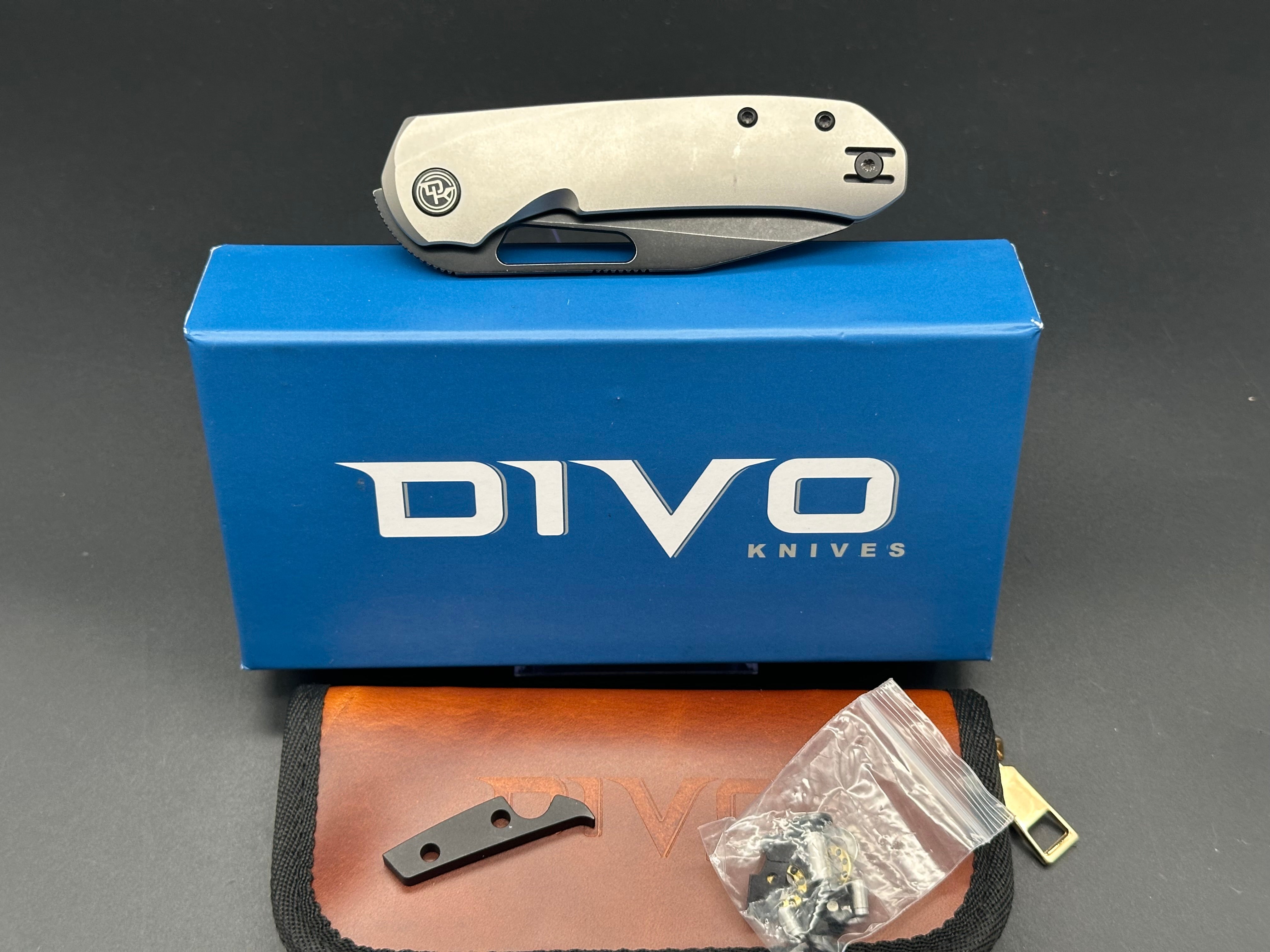Divo Knives Buzz Reverse Tux Bead Blasted Titanium Folding Knife - Black Washed 20CV Blade, Zircuti Back Spacer & Skiff Bearings - EDC, Outdoor, Camping & Tactical Use