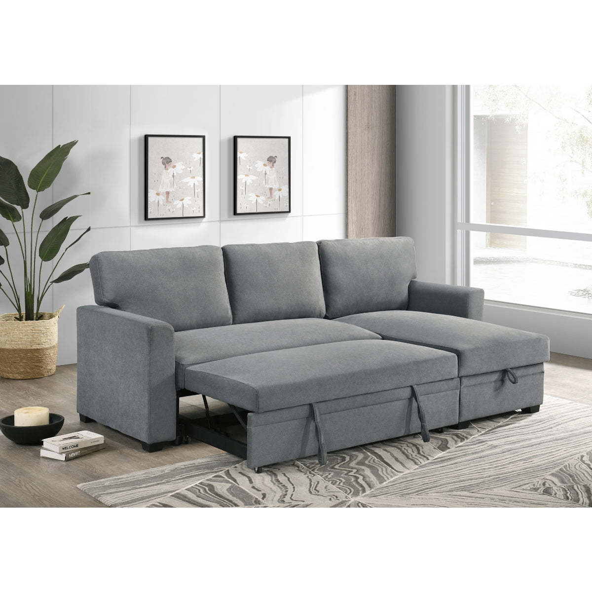2-Piece Grey Sectional Sofa with Pull-Out Sleeper & Reversible Storage Chaise - Modern L-Shaped Couch for Small Spaces, Living Room, Apartment, and Home Theater Comfort