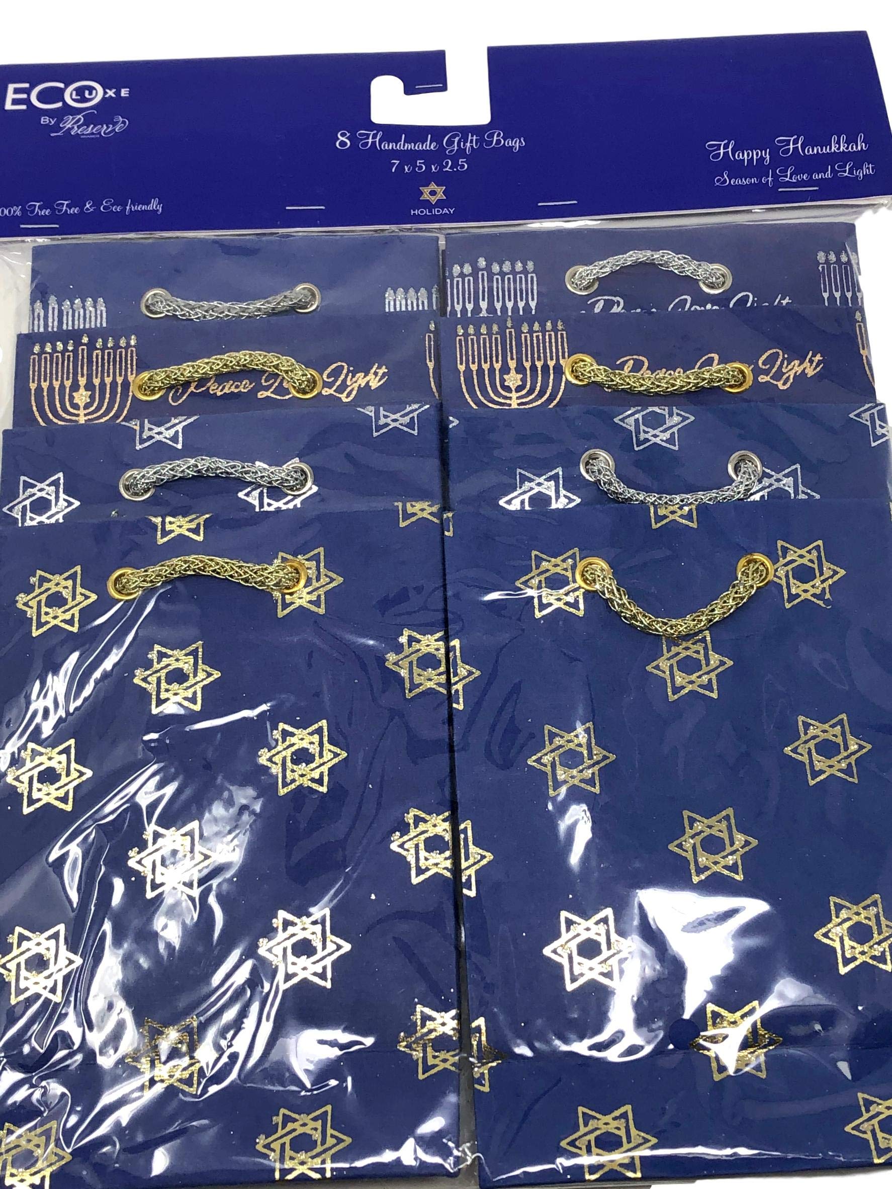 Eco-Friendly Set of 8 Handmade Hanukkah Gift Bags - Gold & Silver with Menorah & Star of David Designs | Sustainable Holiday Gift Wrapping for Jewish Celebrations & Festive Parties