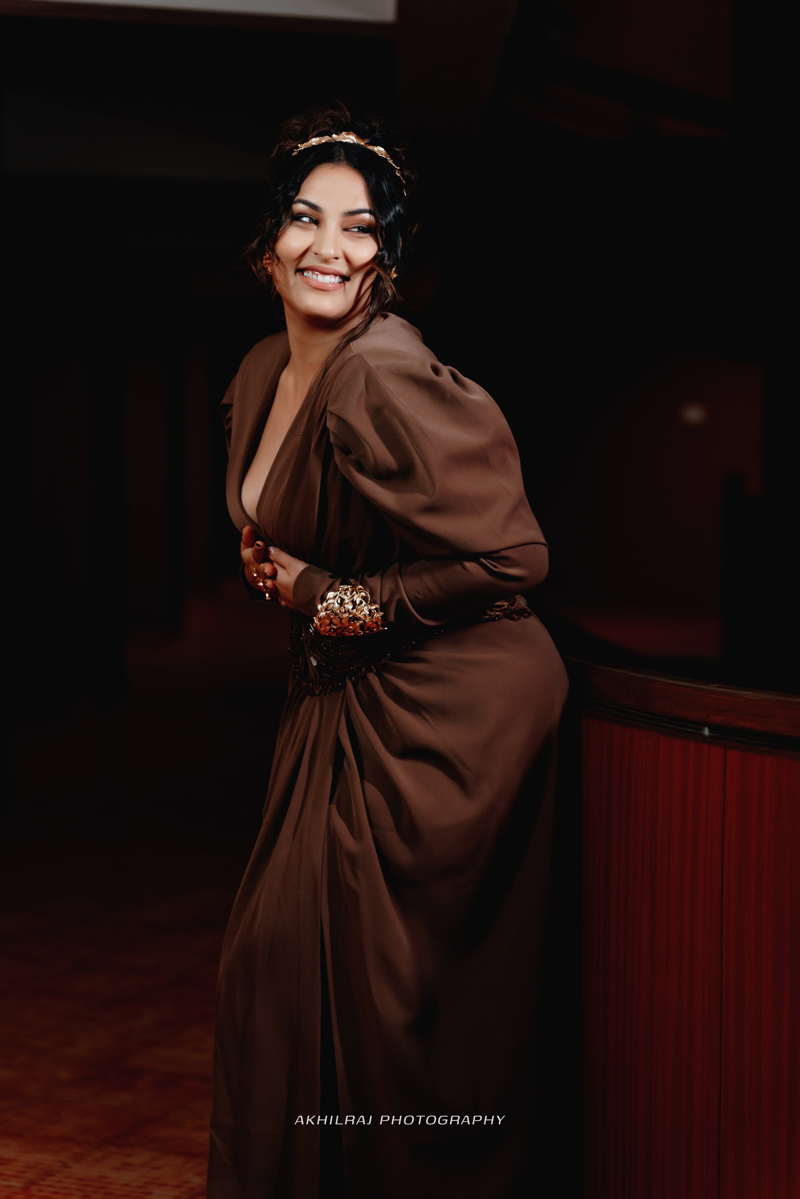 Sakshi Sindhwani Dark Tan Corset Dress with High Slit - Elegant Evening Gown for Parties, Weddings & Special Occasions