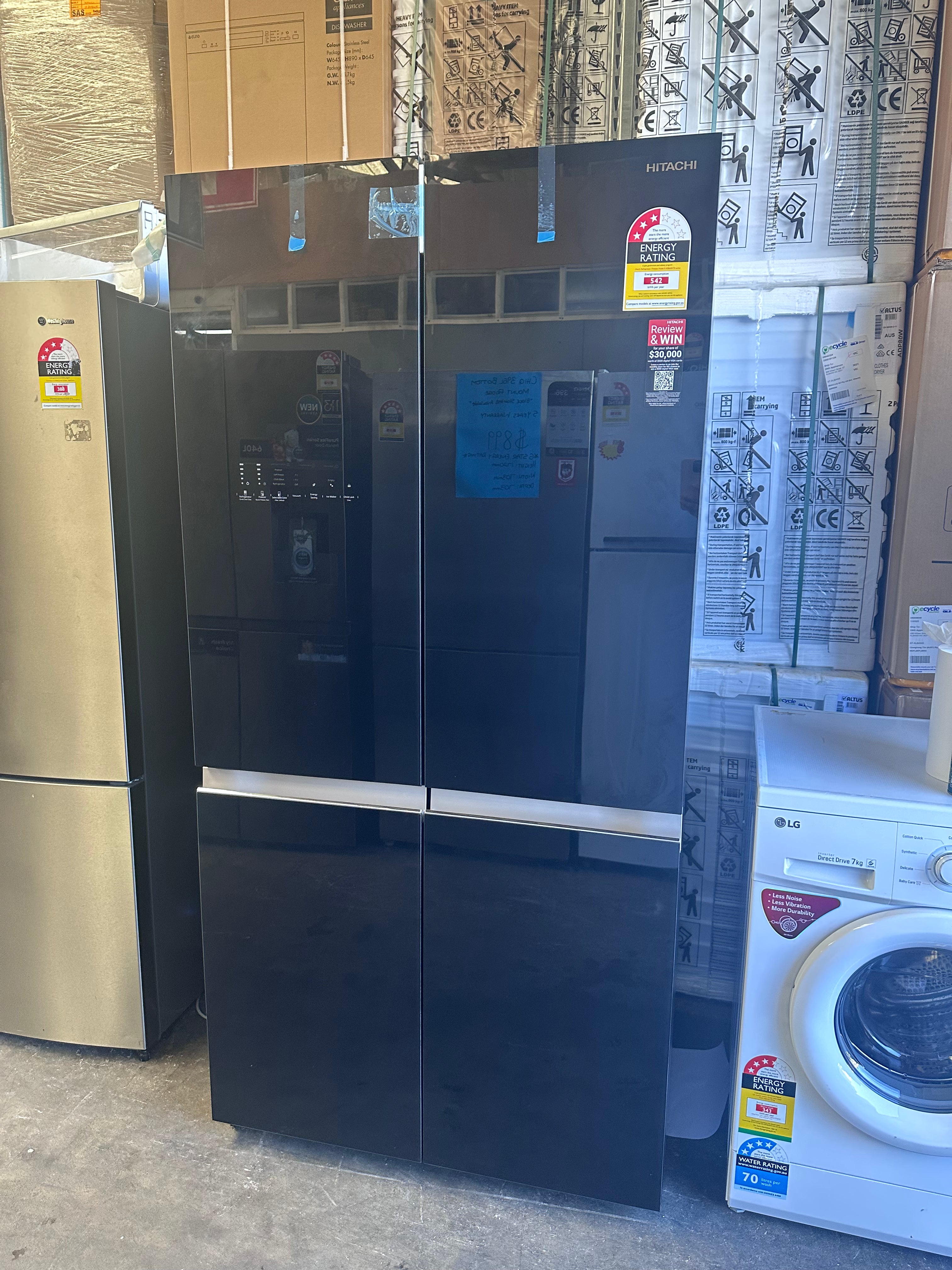 Hitachi 638L French Door Refrigerator with Black Glass - RWB640VT0GBK Model [Factory Second, No Damage] - Perfect for Modern Kitchens and Open-Concept Homes