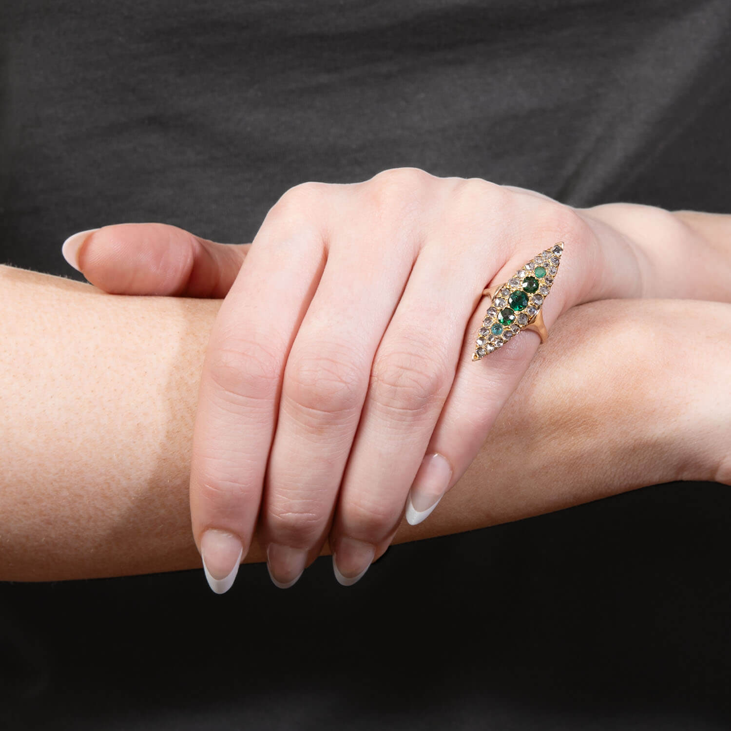 18k Edwardian Diamond and Emerald Navette Ring - Vintage Antique Jewelry for Women, Elegant Gift for Brides, Anniversaries & Special Occasions