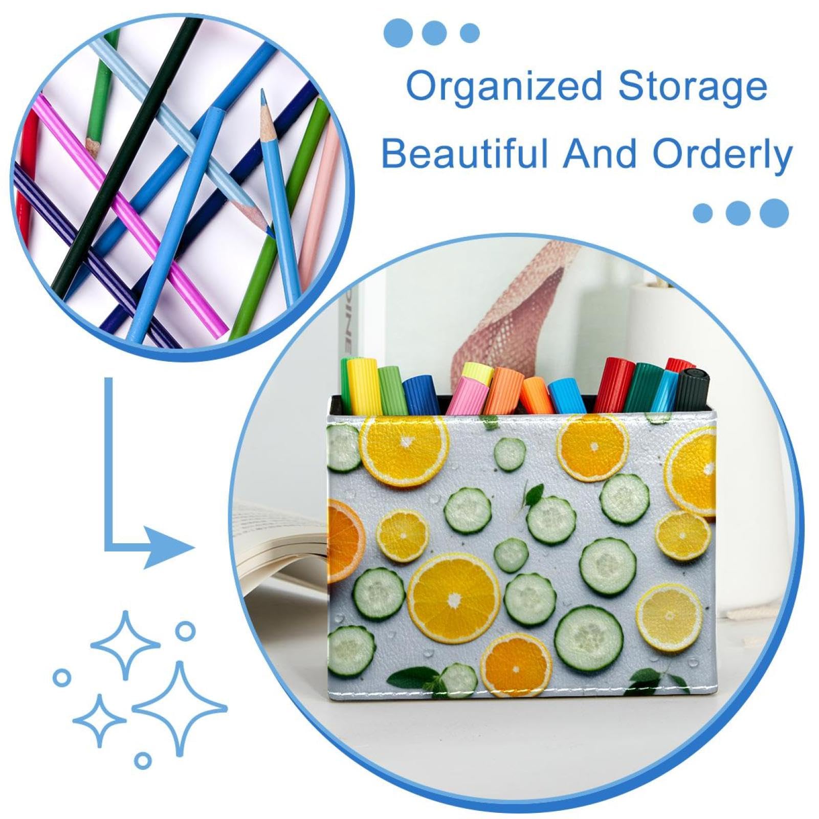 FVQL Orange Cucumber Pattern Pencil Holder & Makeup Brush Organizer - Perfect for Office Desk, Study Table, and Vanity Storage