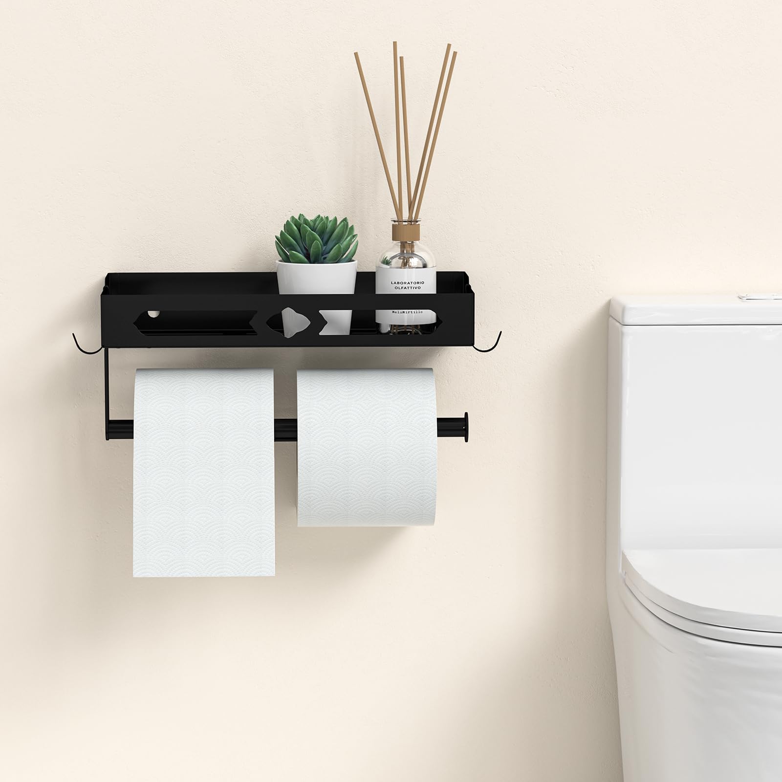 Wall Mount Paper Towel Holder for Kitchen & Bathroom - Easy One-Handed Operation, Self-Adhesive with Shelf & 2 Hooks - Perfect for RV, Office, Laundry Room - Black