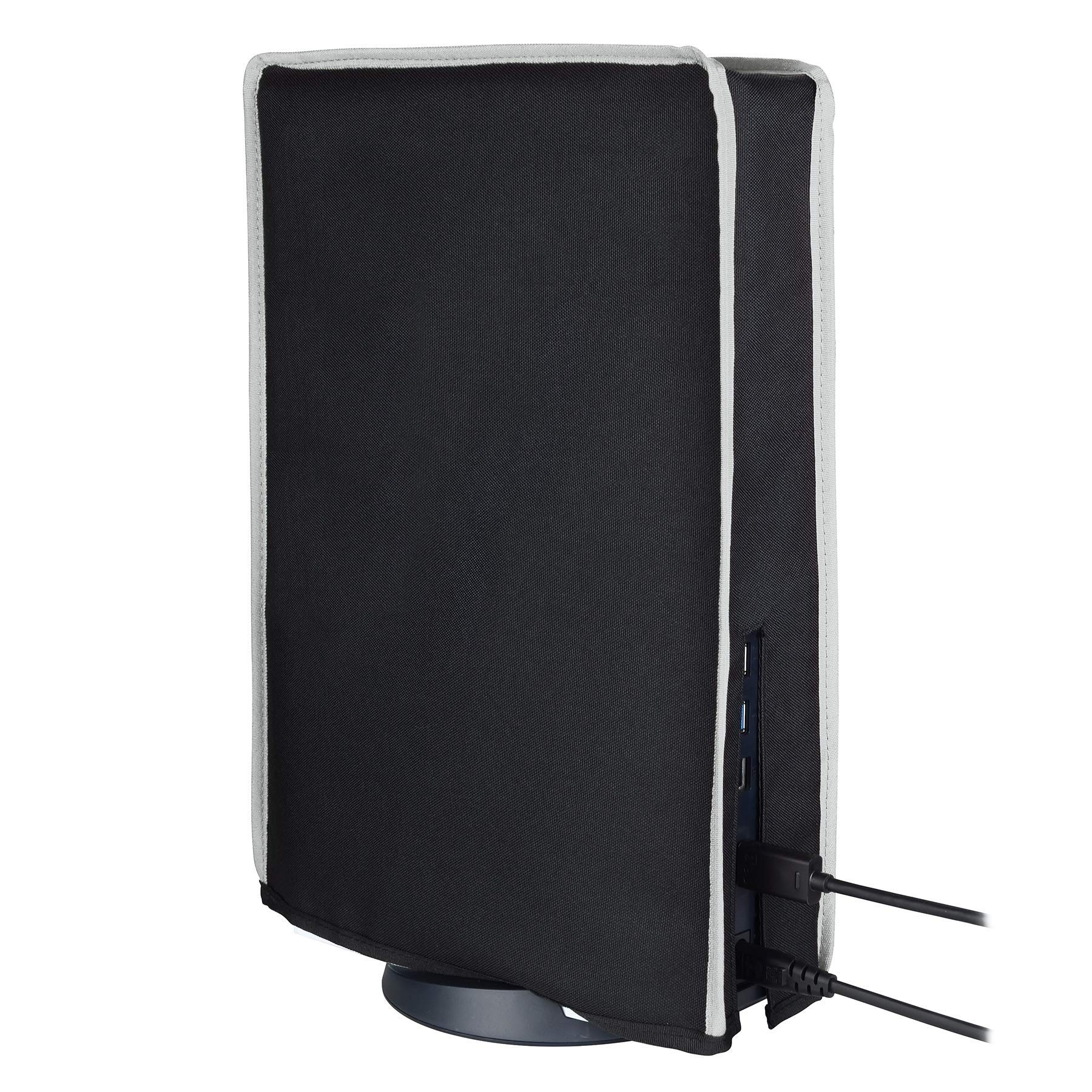 PlayVital Black Nylon PS5 Dust Cover with Soft Lining - Scratch-Resistant Waterproof Protective Sleeve for PS5 Console (Digital & Disc Edition) - Light Gray Trim - Perfect for Home Entertainment & Gaming Setups