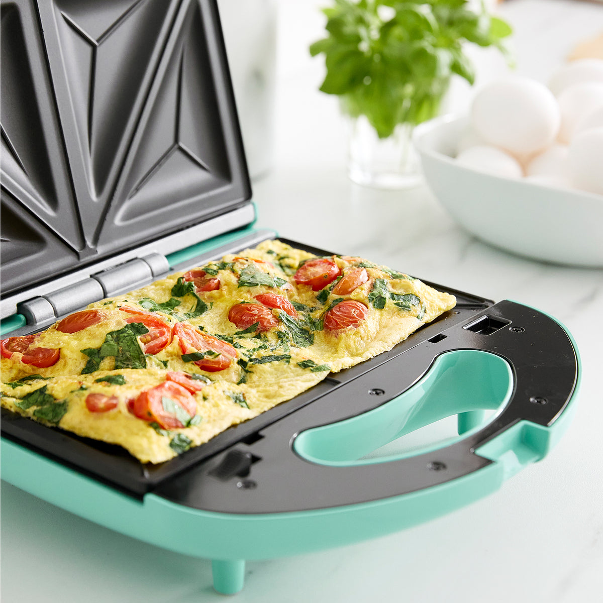 GreenLife Non-Stick Waffle Maker and Sandwich Press Combo - 2-in-1 Breakfast Appliance with Adjustable Temperature (Turquoise) | Perfect for Family Breakfast, Brunch, and Quick Snacks