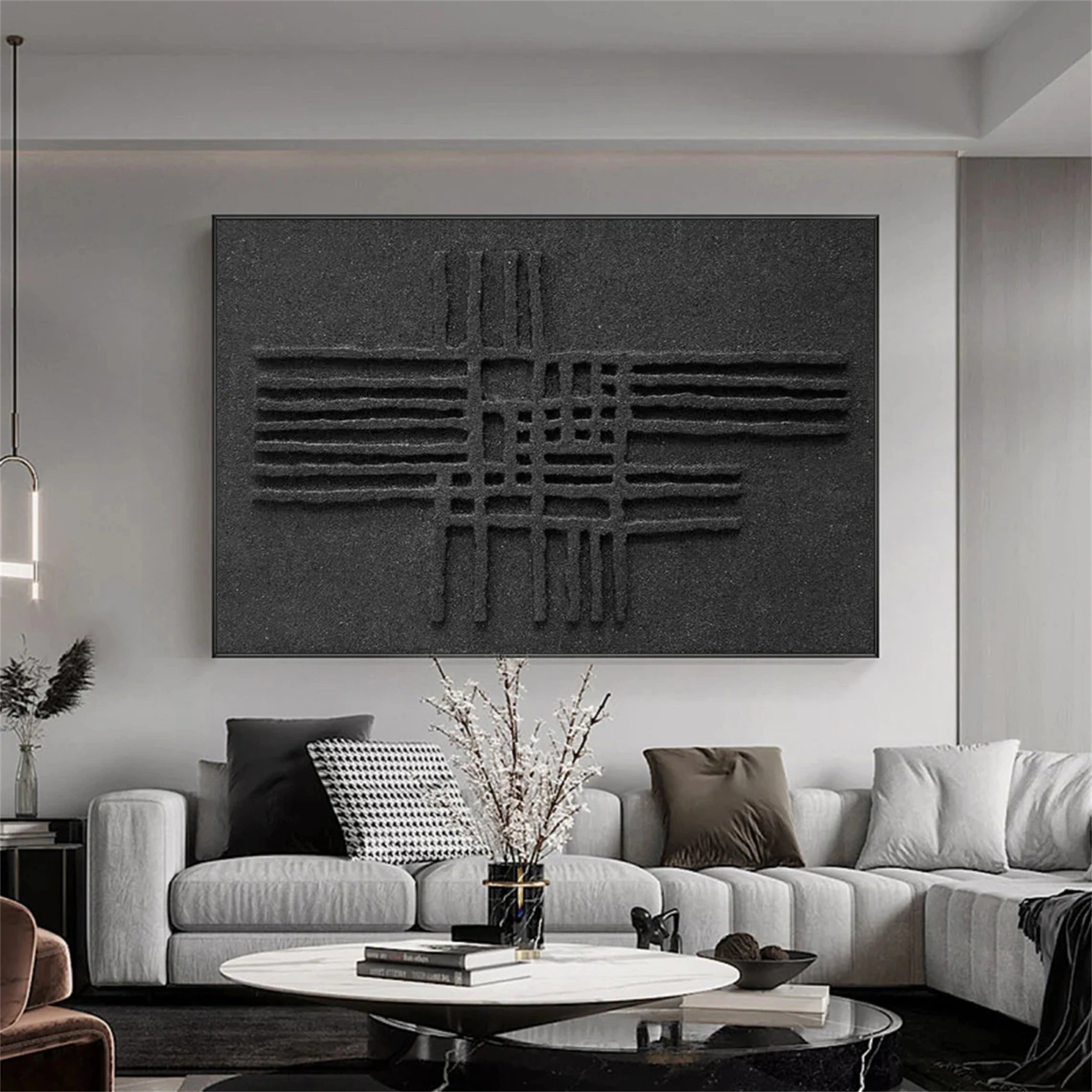 Black Plaster Art Minimalist Textured Painting - Modern Abstract Wall Decor for Living Room, Bedroom & Office | MZ062
