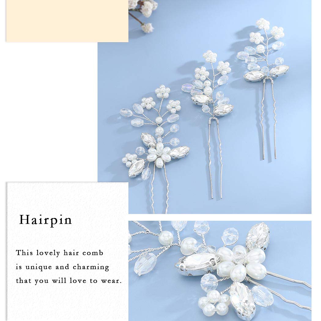 YBSHIN Silver Crystal Pearl Bridal Hair Pins - Rhinestone Hair Clips for Wedding, Prom & Special Occasions - Elegant Hair Accessories for Women & Girls (Pack of 3) | Perfect for Brides, Bridesmaids & Formal Events
