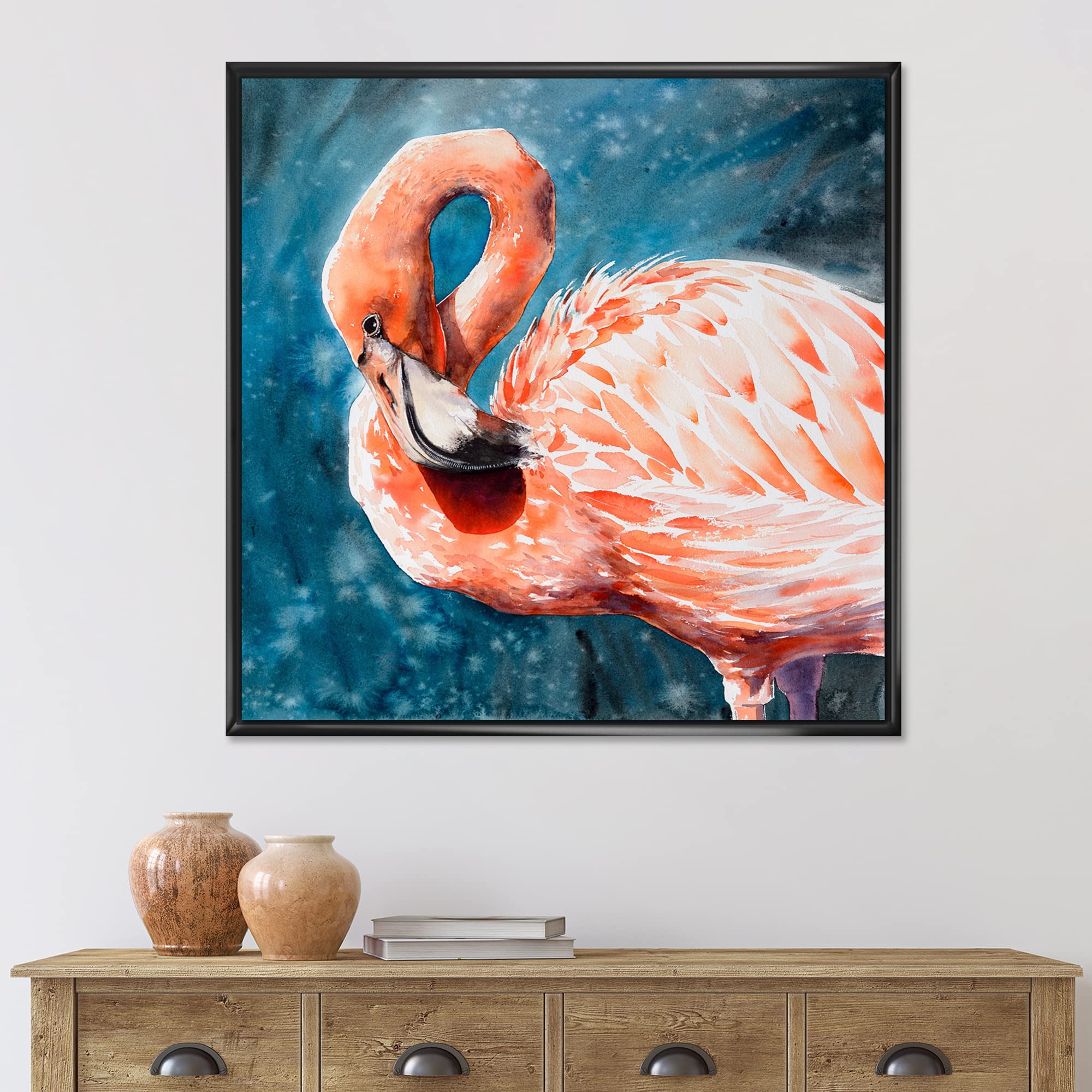 DesignQ Pink Flamingos In Blue Water II - Framed Canvas Wall Art Print for Farmhouse Decor | Perfect for Living Room, Bedroom & Office Wall Decor