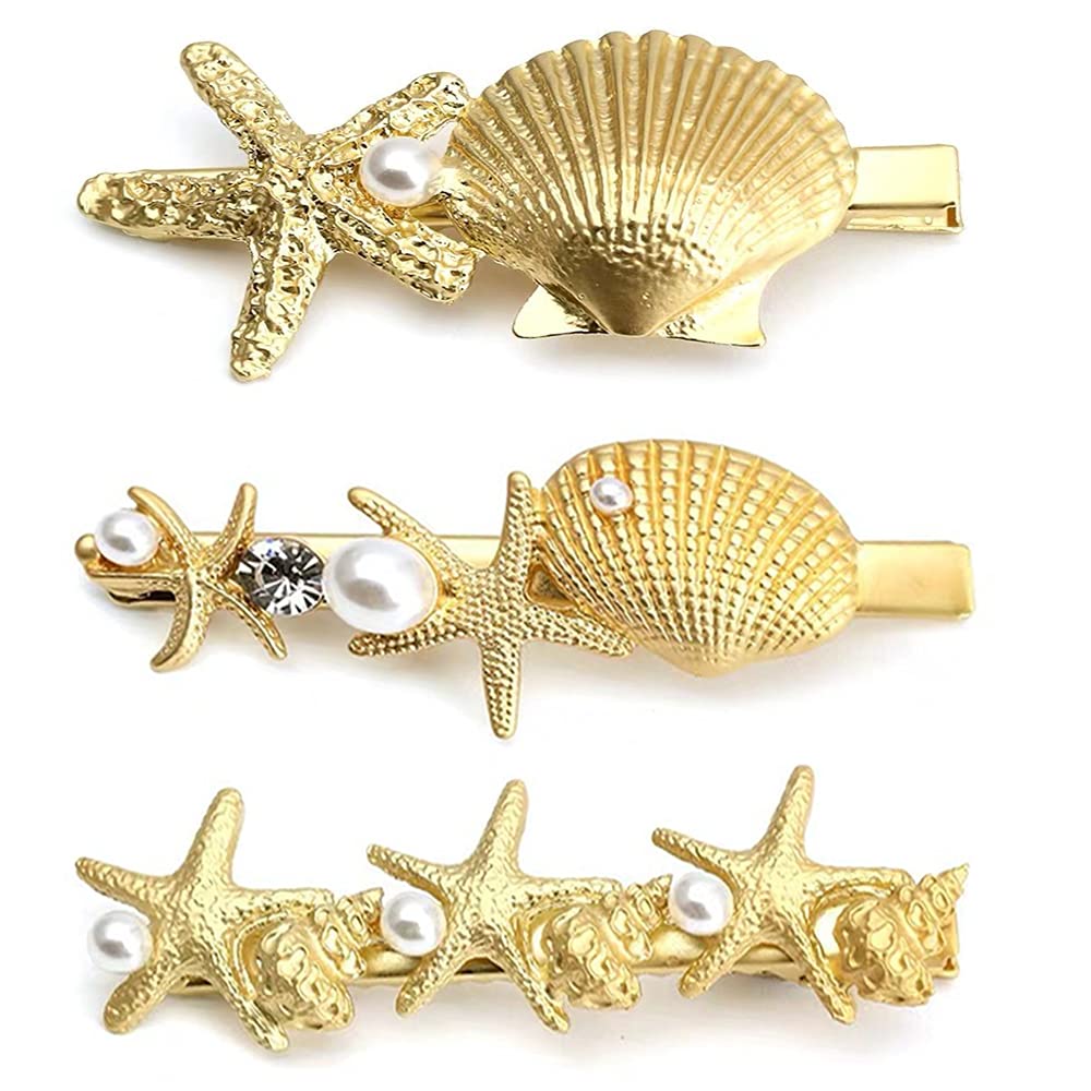 3Pcs Starfish Hair Clips with Pearls - Ocean Themed Hair Barrettes for Women & Girls - Perfect for Beach Weddings, Summer Vacations & Boho Hair Accessories