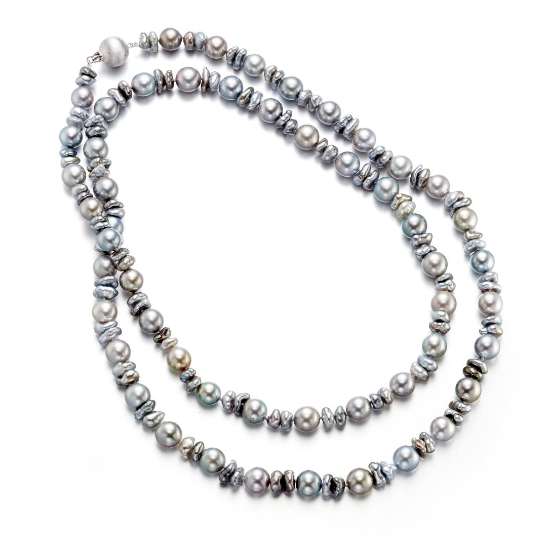 6-9mm Mixed Gray Keshi & Tahitian Pearl Long Necklace for Women - Elegant Layered Statement Jewelry for Weddings, Parties and Special Occasions