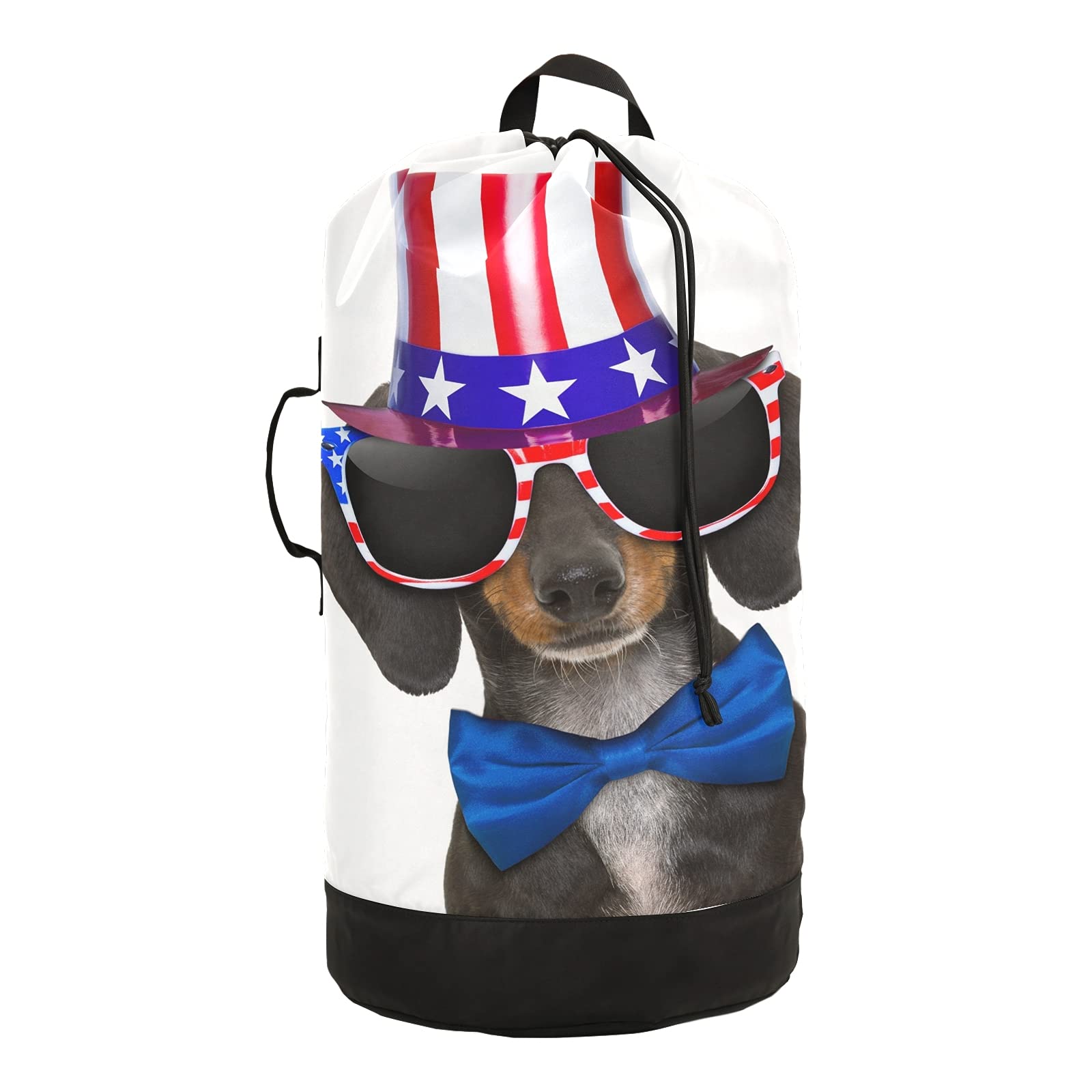Dachshund Sausage Dog USA Flag Backpack - Adjustable Shoulder Straps Laundry Bag & Drawstring Hamper Basket for Dirty Clothes, Toy Storage - Perfect for Dorm, Travel, Camping & Pet Lovers