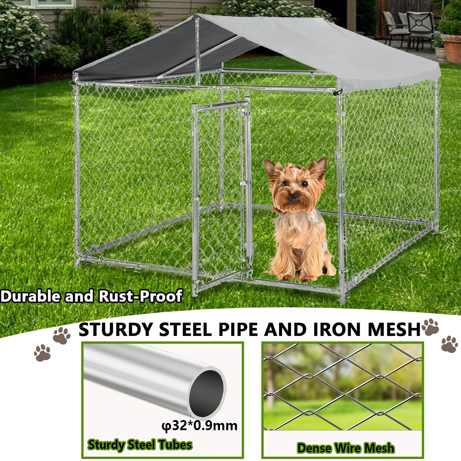 79 Inch Heavy Duty Galvanized Steel Outdoor Dog Kennel for Large Dogs - UV-Resistant Waterproof Cover & Secure Lock - Welded Wire Playpen Fence for Rabbits, Chickens - Perfect for Backyard, Garden, and Pet Safety
