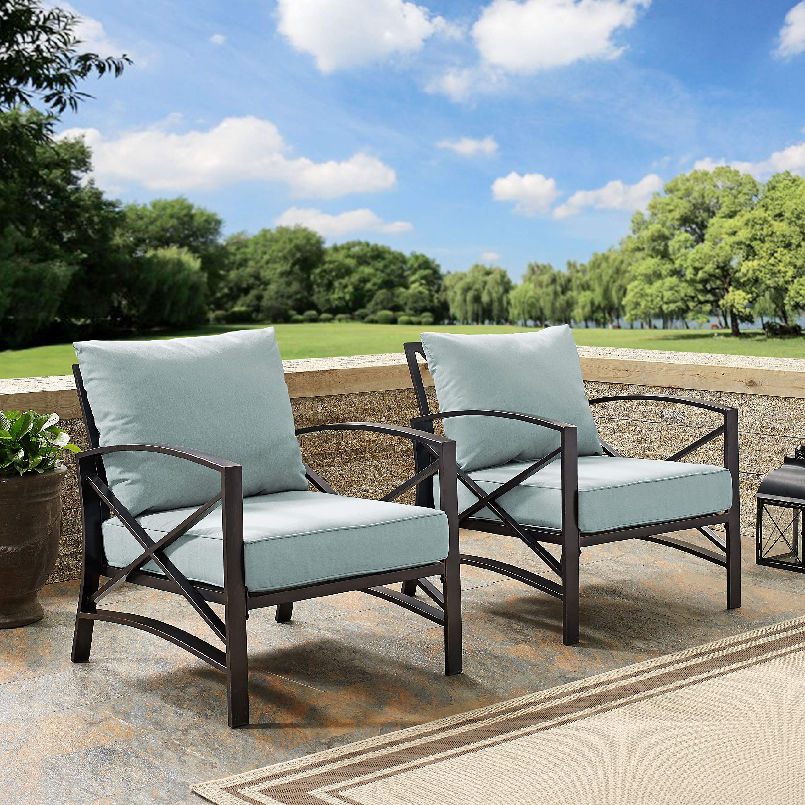 Crosley Furniture Kaplan 2-Piece Outdoor Patio Chair Set - Oiled Bronze with Mist Cushions - Perfect for Conversation Areas, Porch, Deck, Balcony & Garden Relaxation