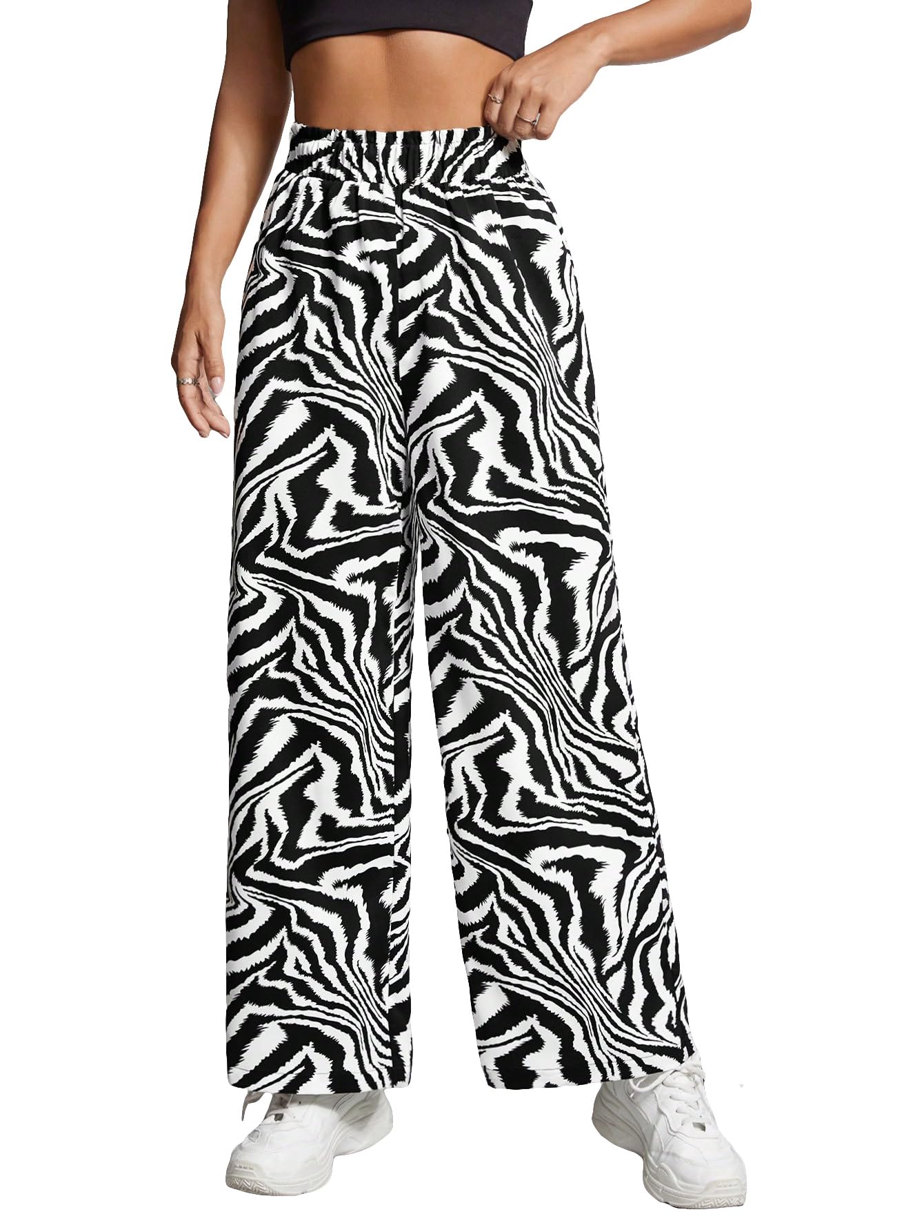 SweatyRocks Women's Zebra Print High Waist Wide Leg Pants - Stretchy Elastic Waistband & Comfortable Trousers for Casual Wear, Workout, or Street Style Fashion